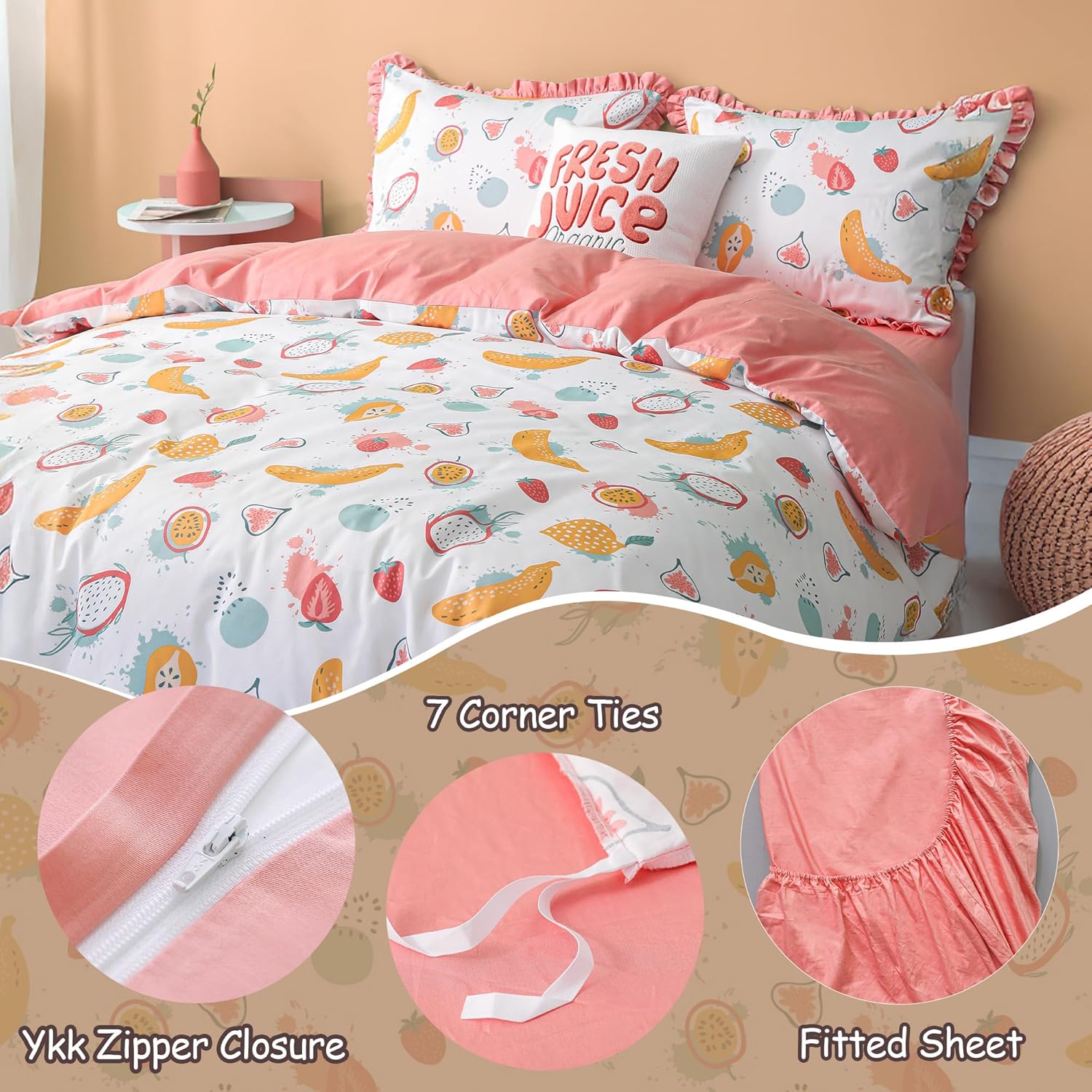 Simple&Opulence 100% Organic Cotton Duvet Cover for Kids Teens, 3 Piece Soft Cartoon Comforter Cover with Zipper Closure, Kawaii Girls Bedding Set with Colorful Fruits Pattern, Twin - Image 5