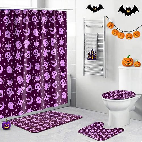 Miniatura 19 de Juego de 4 cortinas de ducha de Halloween, juego de baño de Halloween con cortina de ducha y alfombras, cubierta de tapa de inodoro, cortina de