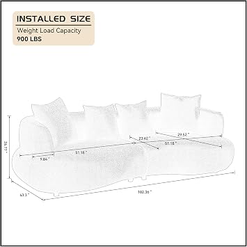 WILLIAMSPACE 102 Sectional Curved Sofa Couch for Living Room, Modern Luxury Cloud 4-Seat Boucle Sofa with Throw Pillows, Upholstered Curved Couch for Apartment (Cream White)