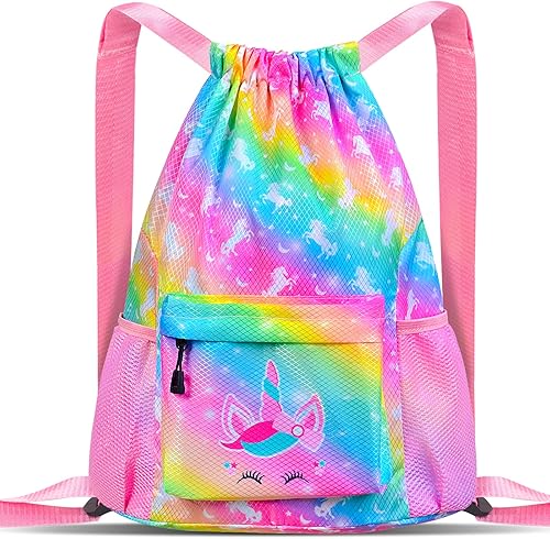 Bolsa con cordón, mochila impermeable para gimnasio deportivo con bolsillo con cremallera para playa, natación, viajes, Arcoíris Unicornio, Cordón