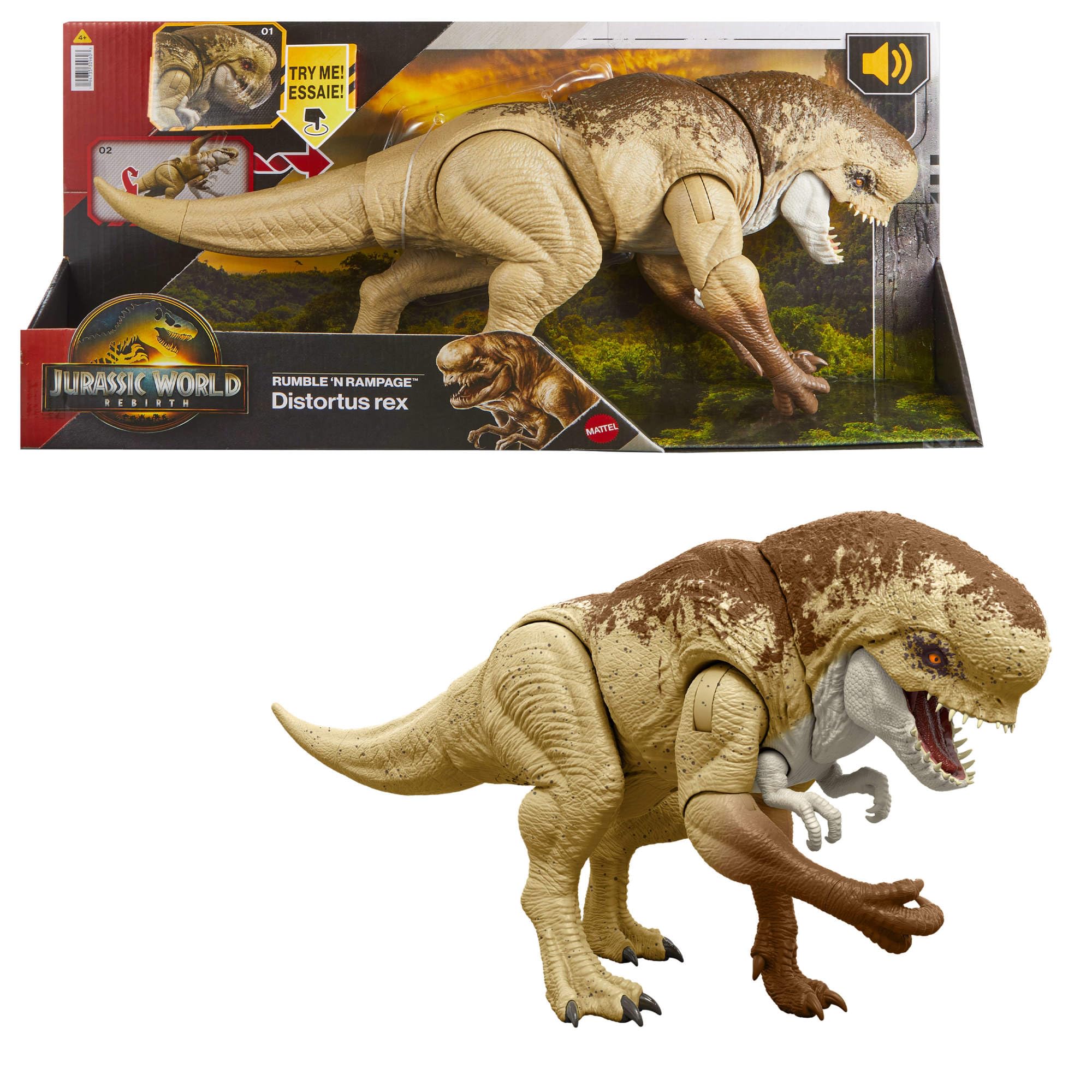 Mattel Jurassic World Rebirth Distortus Rex Rumble N Rampage Dinosaur Action Figure 22 Inch with 2 Attack Actions, Content-Accurate, Digital Play​​, JJP79