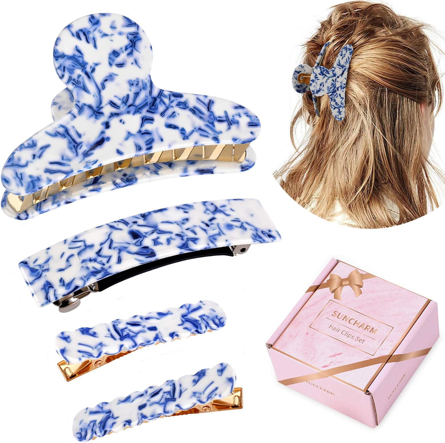 Hair Claw Clips 4pcs - 3.5’’ Banana Hair Barrettes Clips Cellulose Acetate Nonslip Medium Jaw Hair Catch Clips Half Bun Hairpins for Thick Hair French Design Fashion Hair Accessories for Women Girls