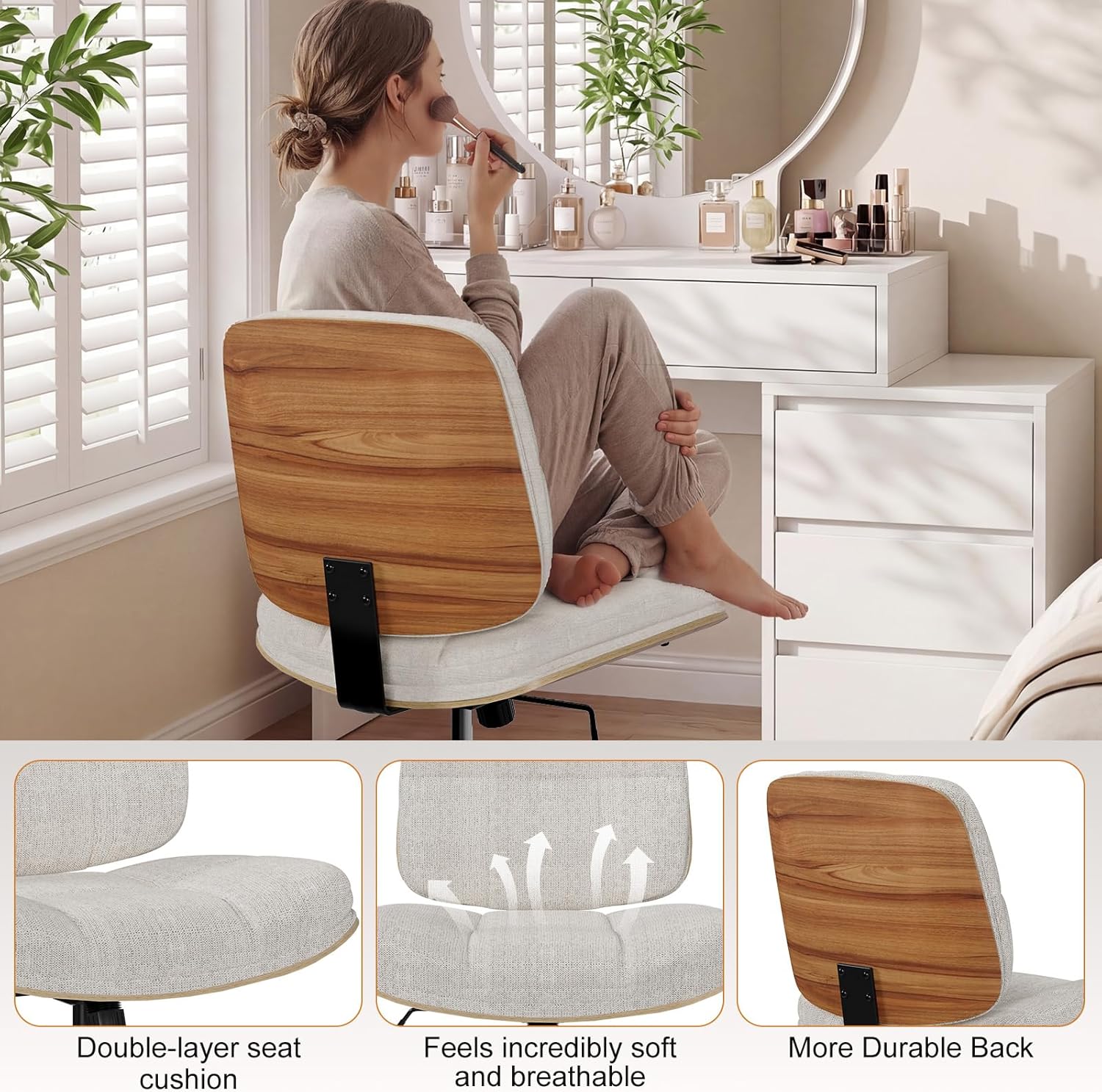 Armless Criss Cross Office Chair, Walnut Cross Legged Desk Chair with Wheels, Ergonomic Criss Cross Vanity Chair, Adjustable Wide Swivel Task Chair, Modern Office Chair for Home, Fabric Seat, Beige