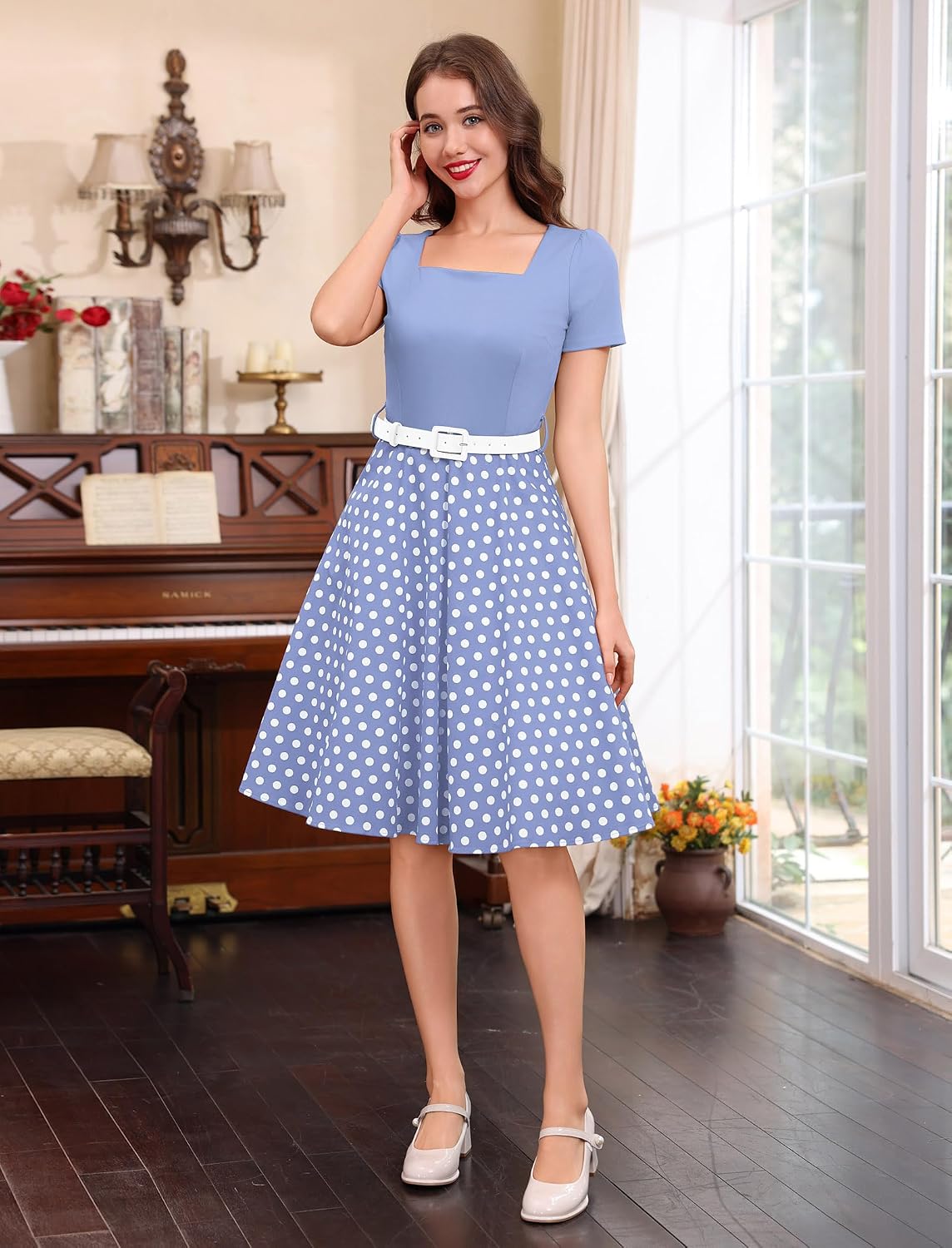 50s Style Dresses for Women Vintage Short Puff Sleeve Square Neck Swing Dress Cocktail Prom Dress with Belt