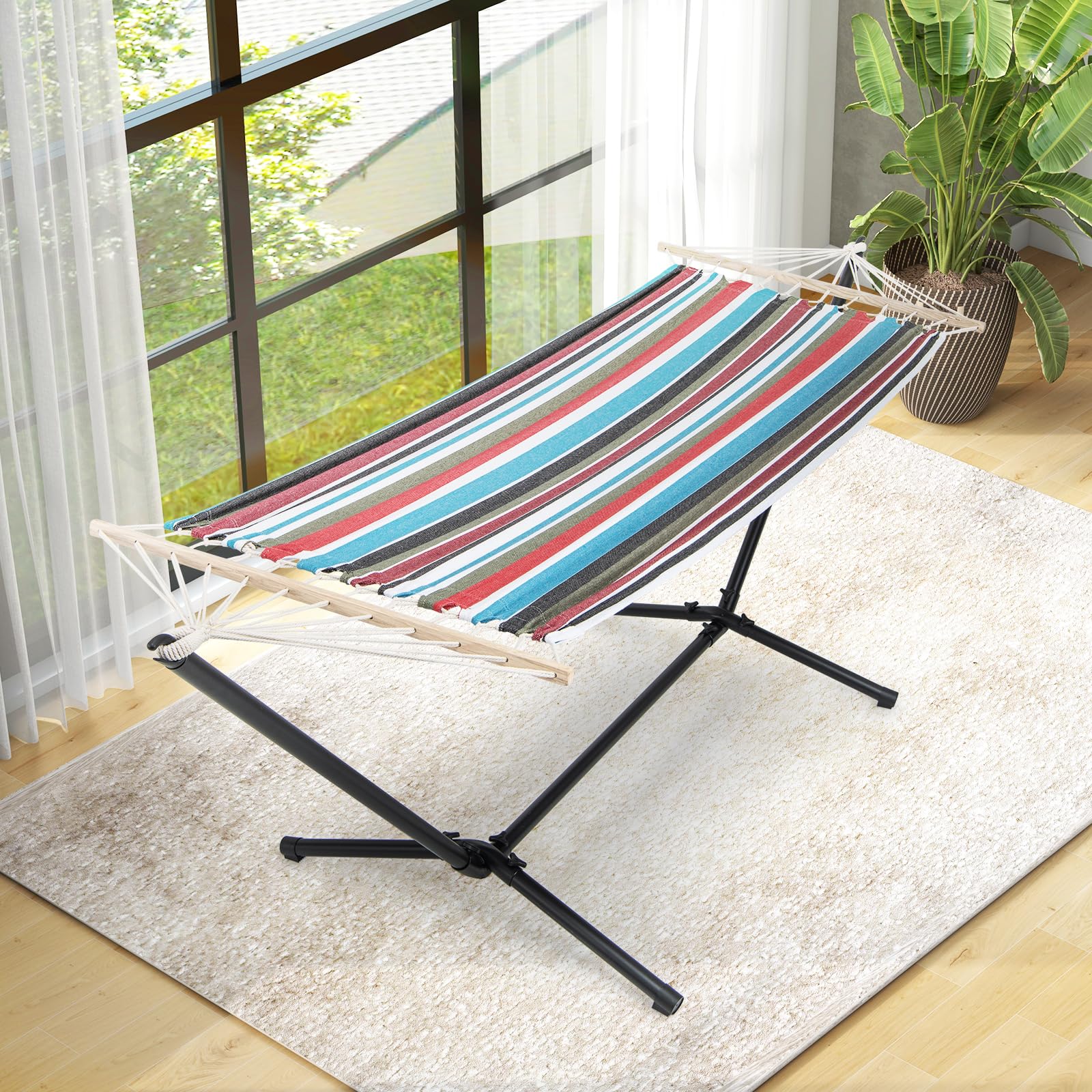 KOMFOTTEU Hamac avec Support en Métal et Sac de Rangement, Charge 150 kg | Lit Suspendu sur Pied, Style estival coloré, pour Jardin, Camping, Plage, 210 x 100 cm