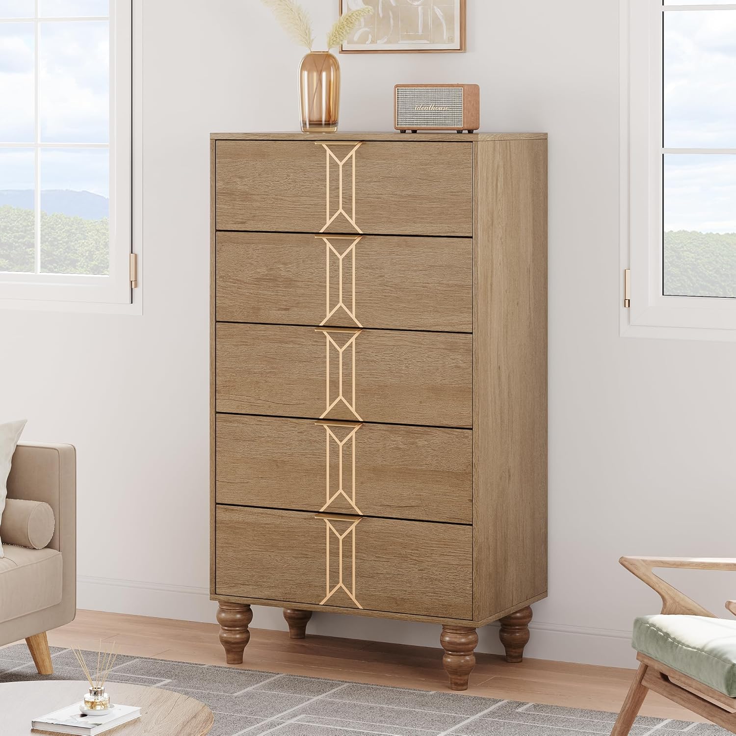 IDEALHOUSE Modern Wooden 5 Drawer Dresser with Vintage Pattern Design, Tall Dresser for Closet, Chest with Deep Drawers for Bedroom, Living Room and Entryway, Oak and Gold