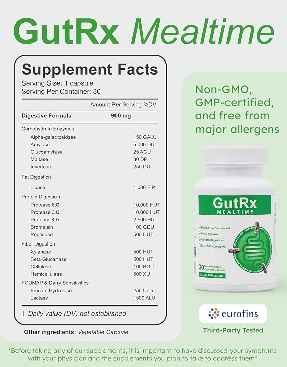 Mealtime Digestive Enzymes Lactase, Lipase & Bromelain for FODMAP, Carb, Fat & Protein Breakdown with Alpha-Galactosidase for Bloating, Gas & Food Sensitivities 30 Capsules