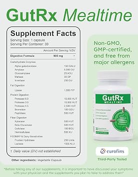 Mealtime Digestive Enzymes Lactase, Lipase & Bromelain for FODMAP, Carb, Fat & Protein Breakdown with Alpha-Galactosidase for Bloating, Gas & Food Sensitivities 30 Capsules