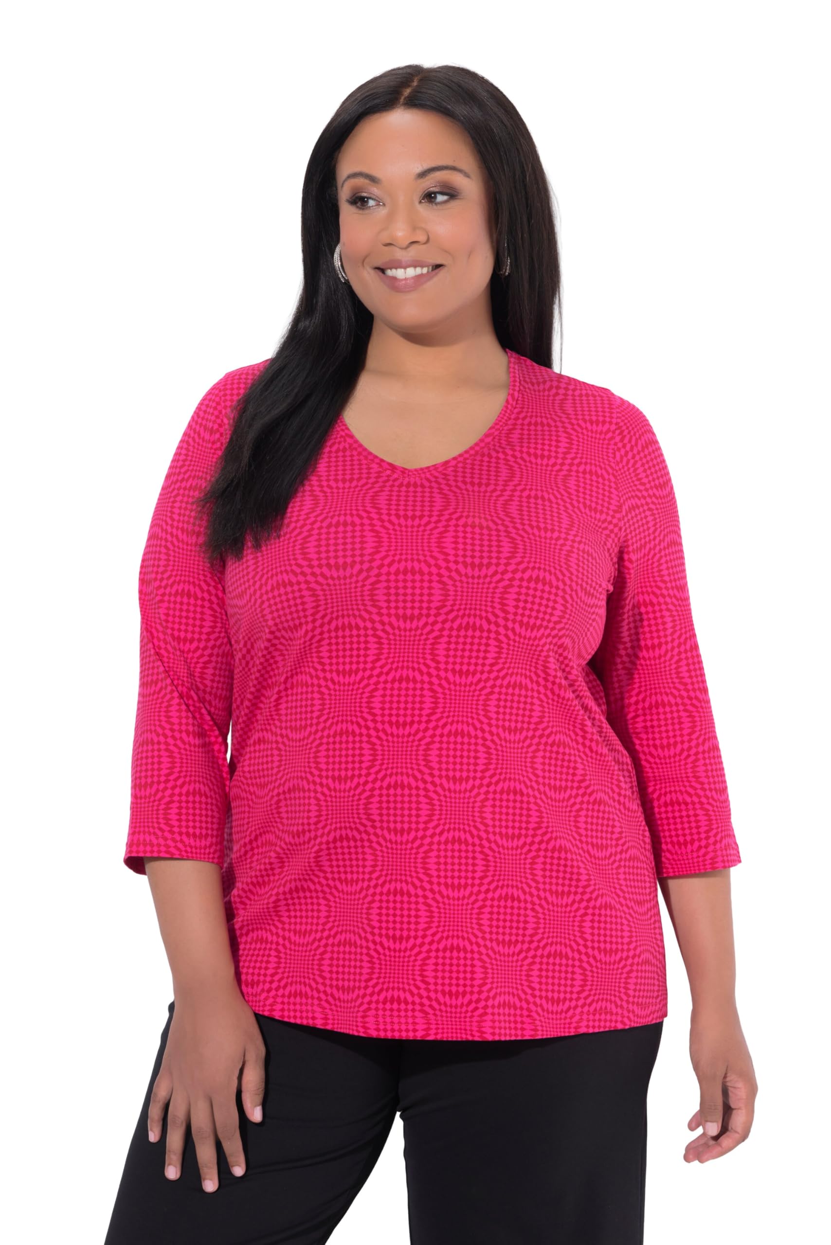 Ulla Popken Damen große Größen Übergrößen Plus Size Longshirt, Gemustert, A-Linie, V-Ausschnitt, 3/4-Arm 847018