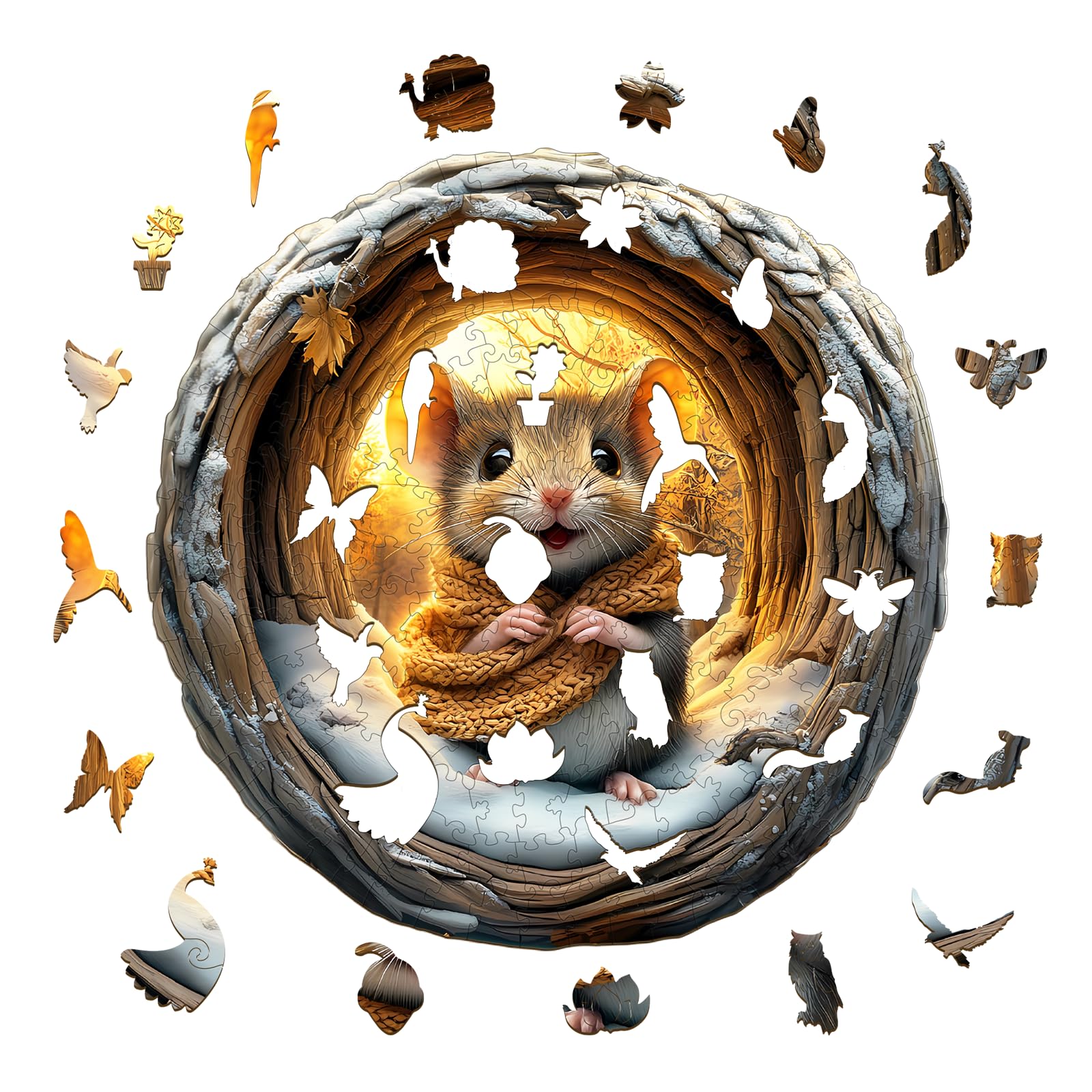Holzpuzzle Erwachsene, Visuell 3D Höhlen Maus Puzzles, 34 x 34cm Wood Puzzle, Unregelmäßige Einzigartige Tierform Holzpuzzles für Erwachsen, Schön Geschenk für Familie Freunde