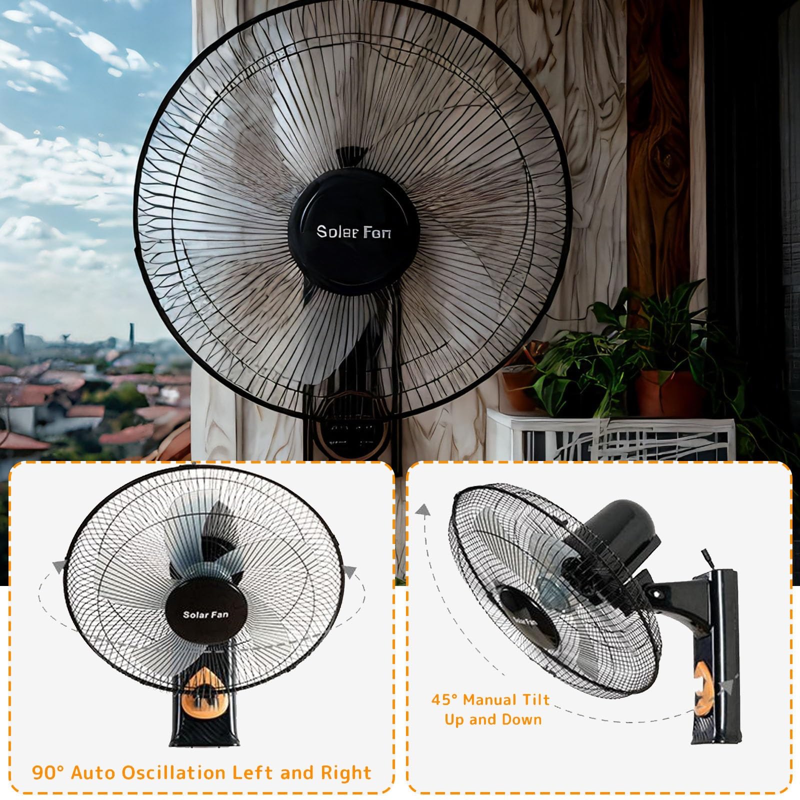 Ventilateur Solaire Extérieur Mural Pour Terrasse, 5 Pales 3 Vitesses Oscillant 90°, Télécommande, Pour Chambre Camping Jardin Maison