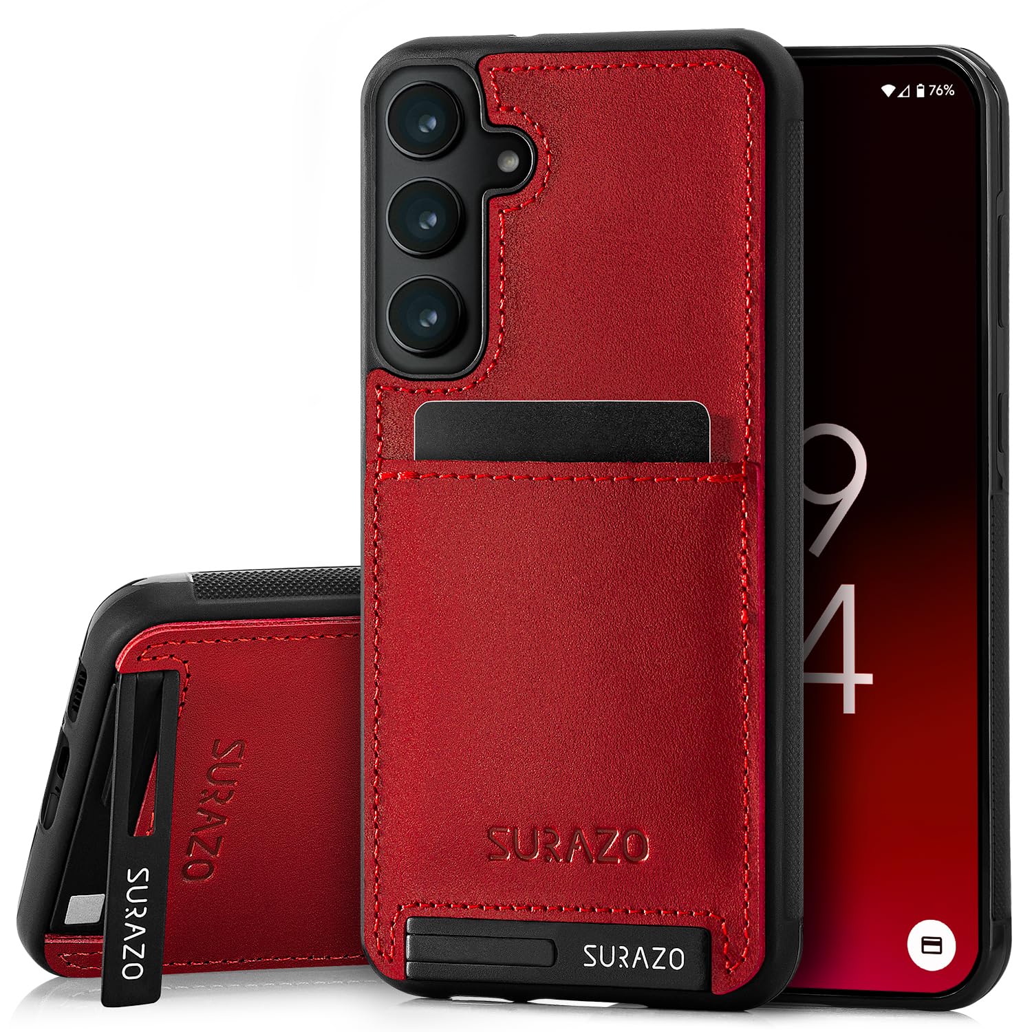 SURAZO Premium Genuine Leather Back Case for Samsung Galaxy A15 Case - Shockproof Leather Mobile Phone Case Cover [Card Slot, Stand Function, Keychain] Vintage Slim Bumper Protective Case (Costa Red)