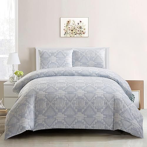 Style Quarters - Juego de fundas de edredón tamaño Queen de 3 piezas, suaves y bordadas, estilo shabby chic, bohemio, funda de edredón copetuda,