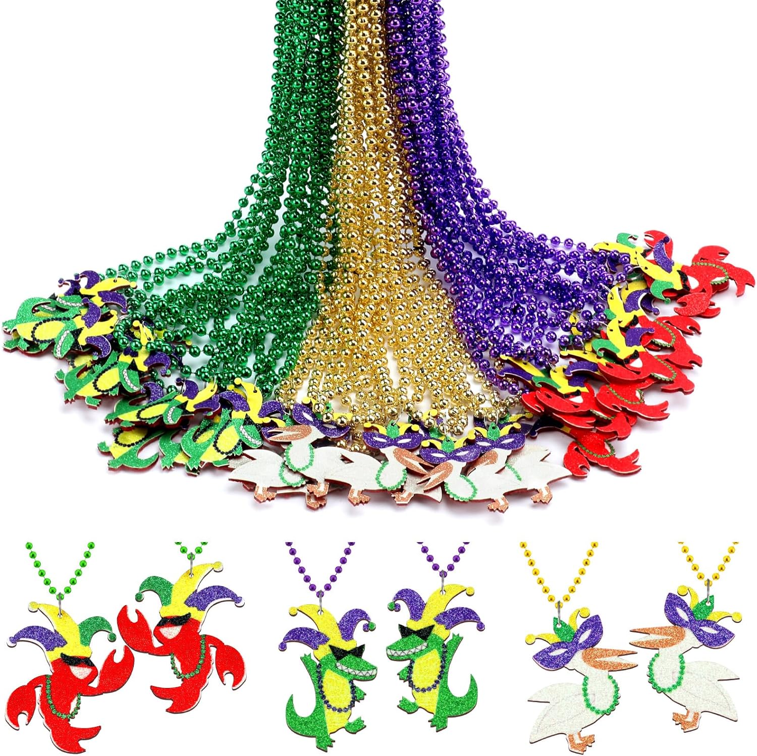 Ecally 30 Pcs Mardi Gras Beads Necklace Parade Throw Green Purple Gold Alligator Crawfish Pelican Bead Necklace Bulk with Pendant for Carnival Party Cosplay Costume Accessories Mardi Gras Parade Throw