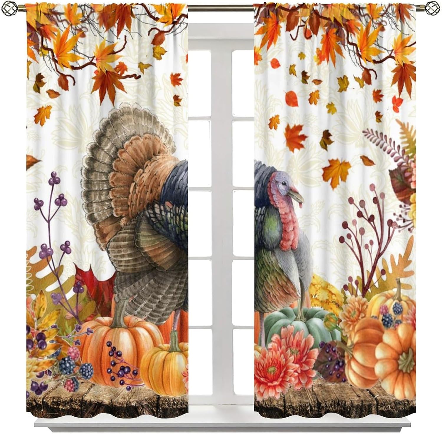 Rustic Thanksgiving Turkey Curtains - Vintage Fall Harvest Maple Leaf Watercolor Pumpkin Autumn Window Curtain Room Darkening Blackout Thermal Insulated Rod Pocket Curtains 2 Panels 45"L x 21"W