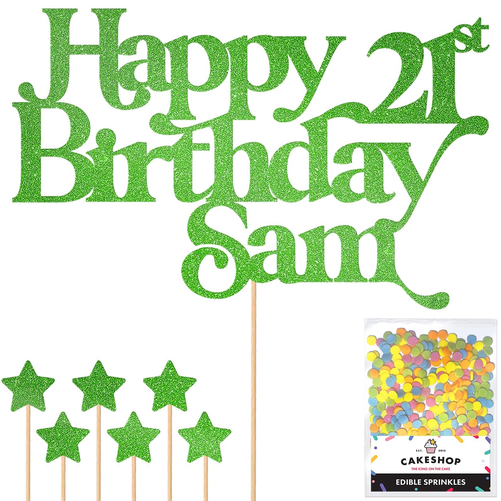 Personalised Happy Birthday Glitter Cake Topper - Green Any Name & Any Age Glitter Cake Decoration and Sprinkles - Happy Birthday Decorations - Personalised Toppers for Cakes by Cakeshop
