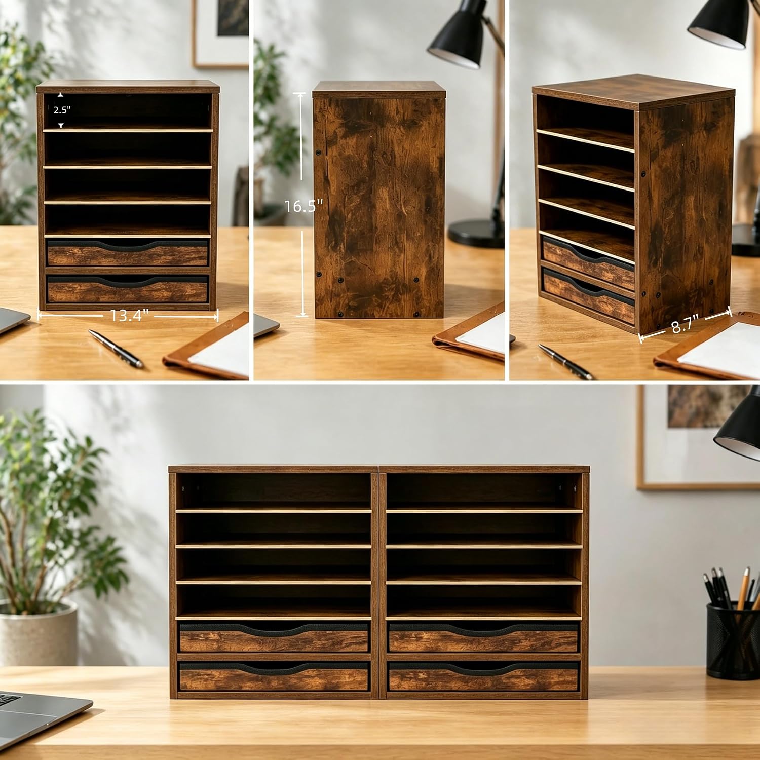 Wooden Mail Organizer, Desk Paper Organizer Wood, Brown image 2