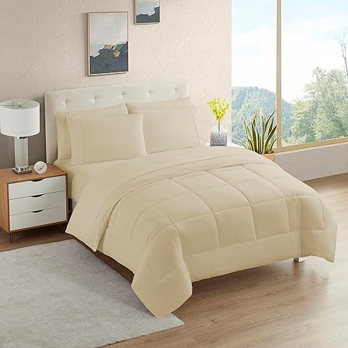 Vista 22 de Sweet Home Collection Juego de edredón de 7 piezas Bolsa de color sólido para todas las estaciones, manta alternativa de plumón suave y lujosas Camel