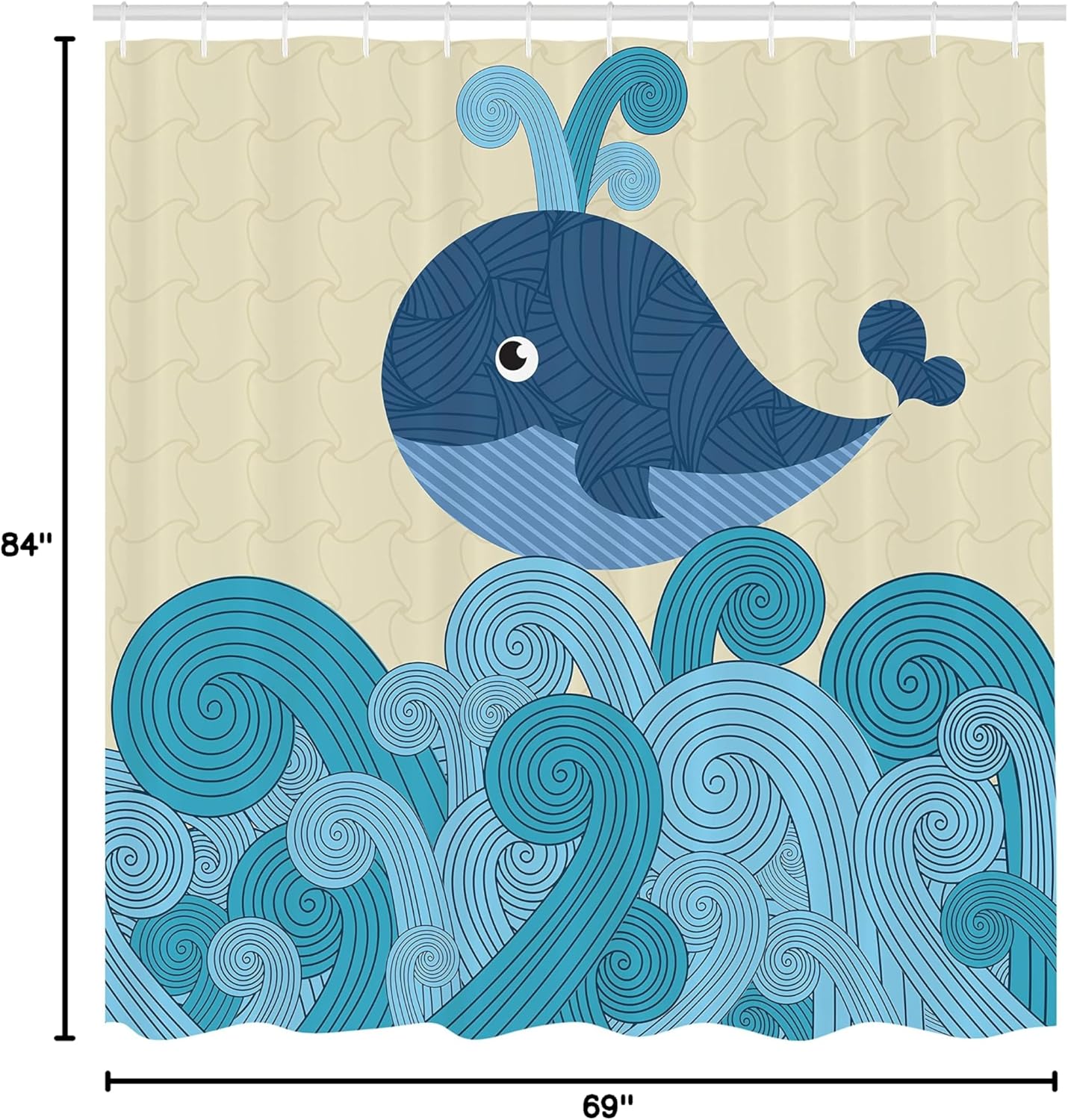Ambesonne Whale Shower Curtain, Cartoon Smiling Patterned Mammal Ornamental Ethnic Image Striped Waves Print, Cloth Fabric Bathroom Decor Set with Hooks, 69" W x 84" L, Dark Blue Blue