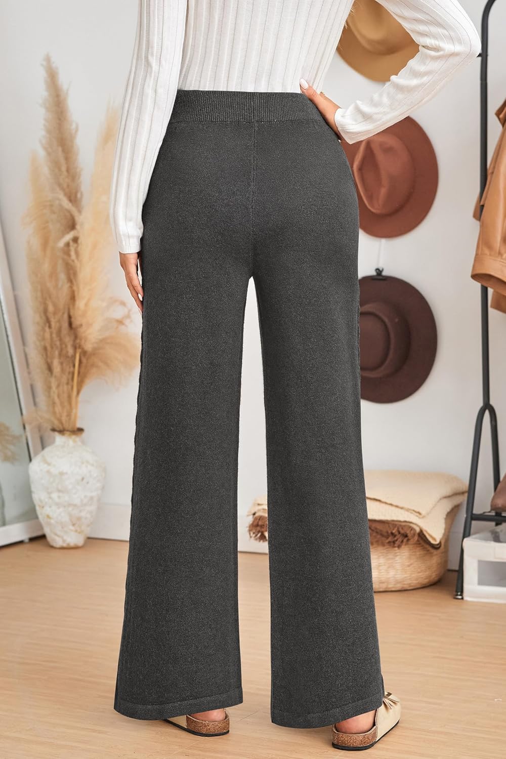Arach&Cloz Womens 2025 Spring Sweater Pants Wide Leg Elastic High Waist Cute Casual Flowy Lounge Winter Knit Trousers Pockets