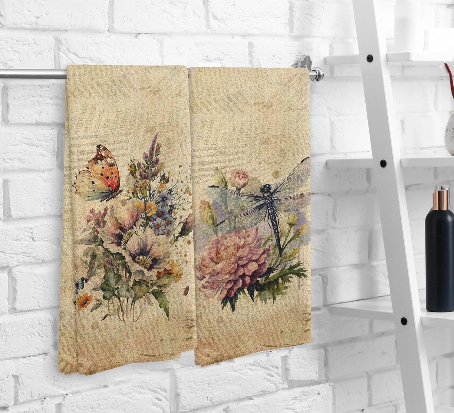 Vintage Dragonfly Kitchen Towels and Dishcloths Set of 2, Butterfly Dragonfly Decor, Floral Wildflower Kitchen Dish Tea Hand Towels, Retro Butterfly Hand Towels for Bathroom, 16×24 Inches - Image 6