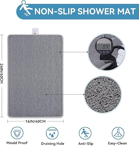 Miniatura 3 de Tapete de ducha antideslizante de 16 x 24 pulgadas, tapete de baño de secado rápido con drenaje, tapete de baño de imitación de PVC suave para baño,