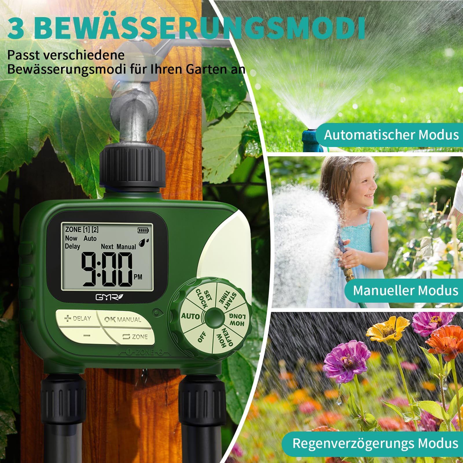 GMR Computer di irrigazione con 2 uscite, controllo di irrigazione per tubo da giardino, contatore dell'acqua programmabile, ritardo della pioggia, manuale/automatico, sistema di irrigazione per