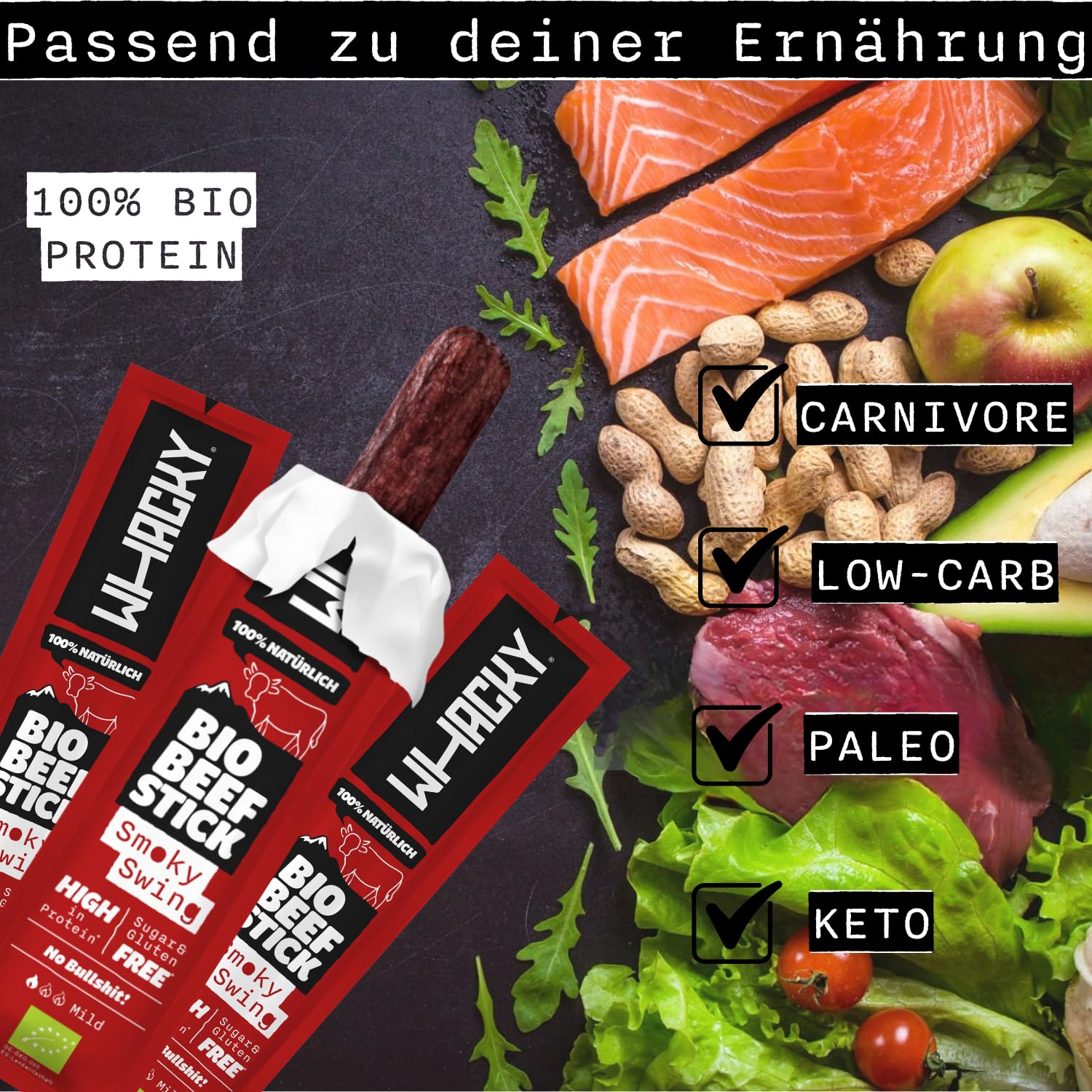 Whacky Bio Beef Sticks – Smoky Swing (30x 32g) Protein Snack aus Rindfleisch – Salami Sticks ohne Zucker – Low Carb, für Fitness, Keto, Outdoor & Unterwegs – Rauchiger BBQ Geschmack