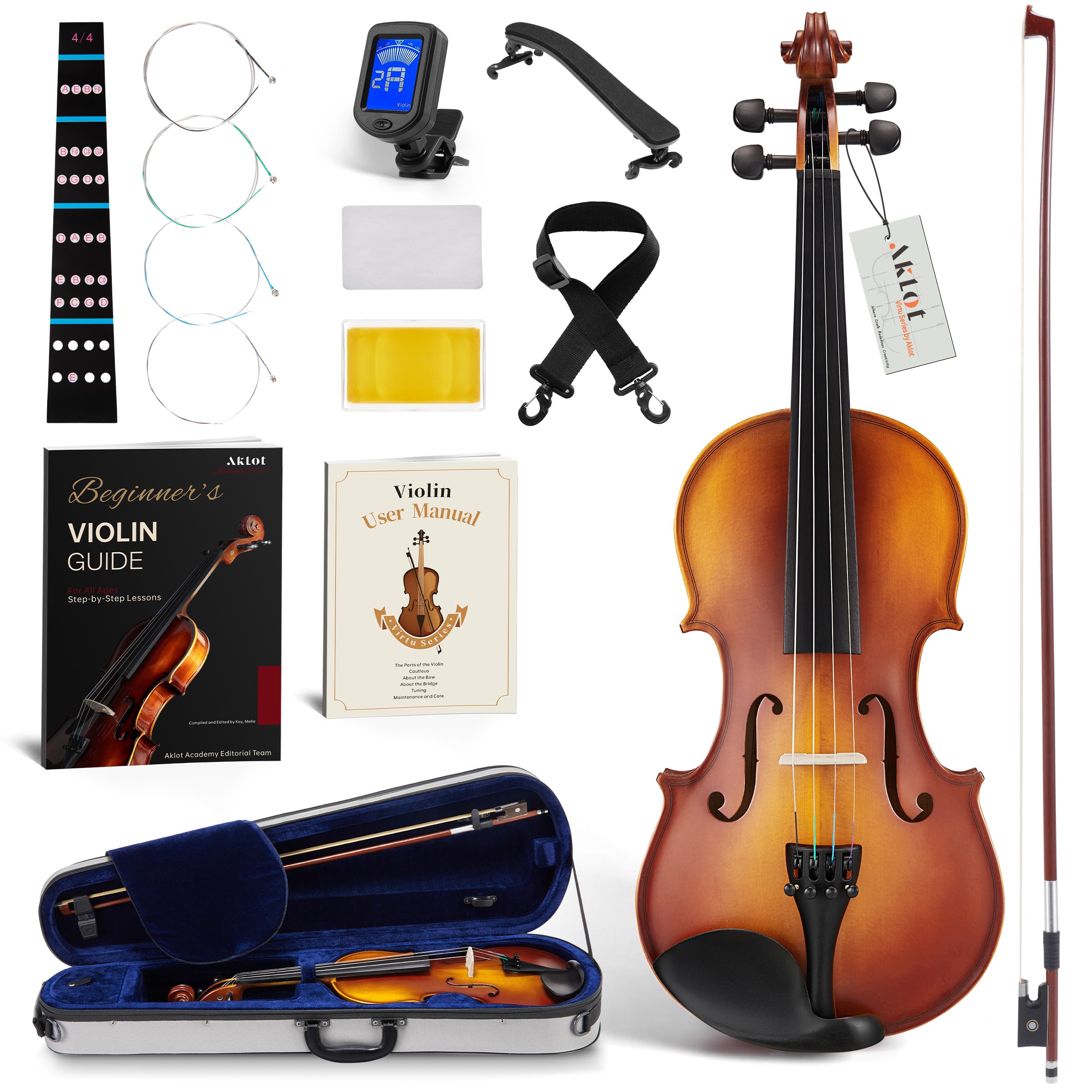 AKLOT Handcrafted Full Size Violin: Solid Wood Matte Fiddle, Acoustic Beginner 4/4 Violin Kit with Hard Case, Lesson Book, Bow, Shoulder Rest, Extra Strings, Tuner, Fretboard Stickers (VRT-AmiCS)