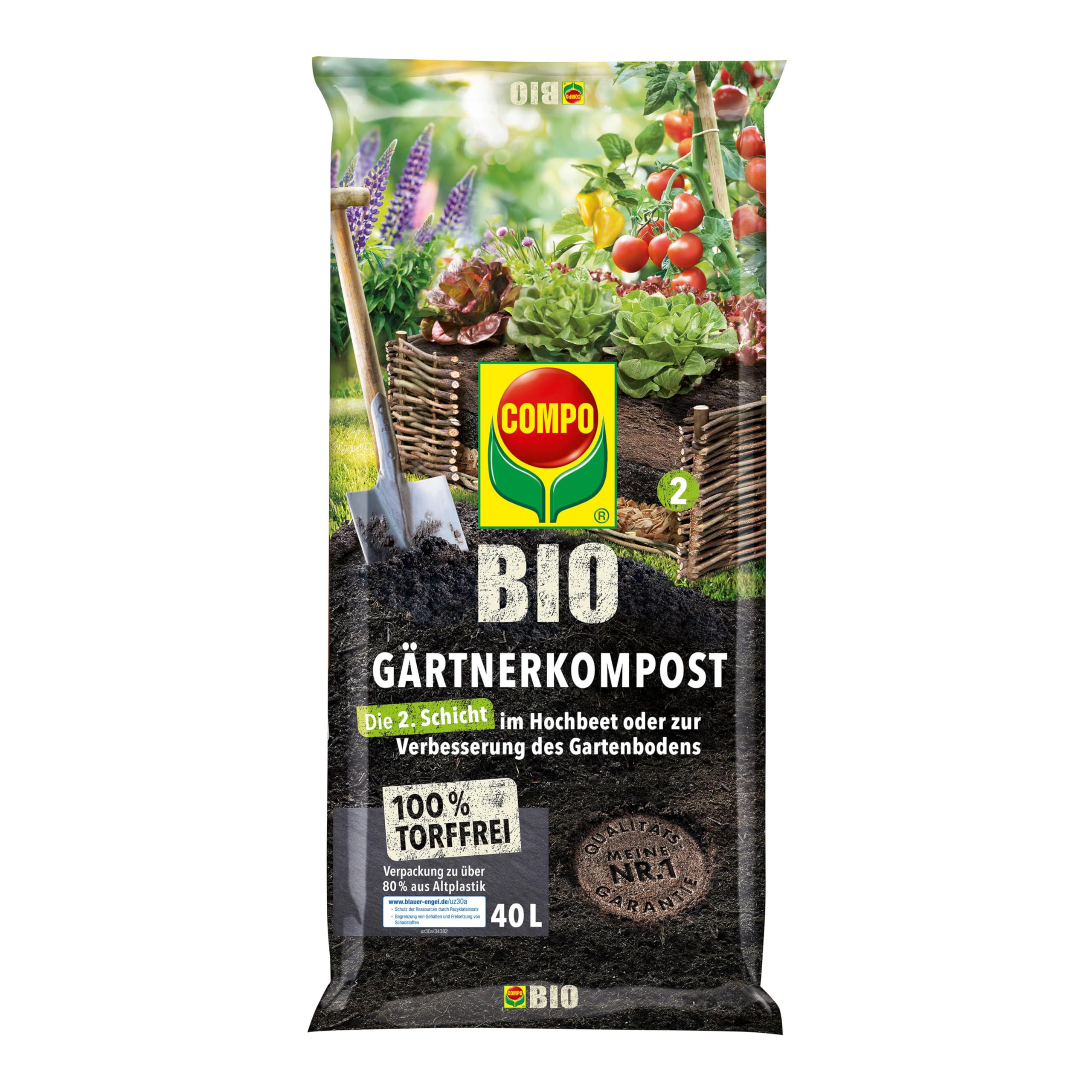 COMPO Bio Gärtnerkompost torffrei als perfekte zweite Schicht Einer Hochbeet-Befüllung 40L