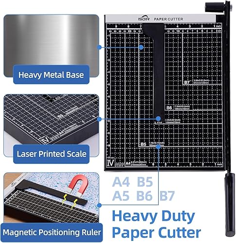 Miniatura 4 de Guillotina de corte de papel, tabla de cortar de papel de 12 pulgadas, capacidad de 12 hojas, base de metal resistente, barras guía de papel duales,