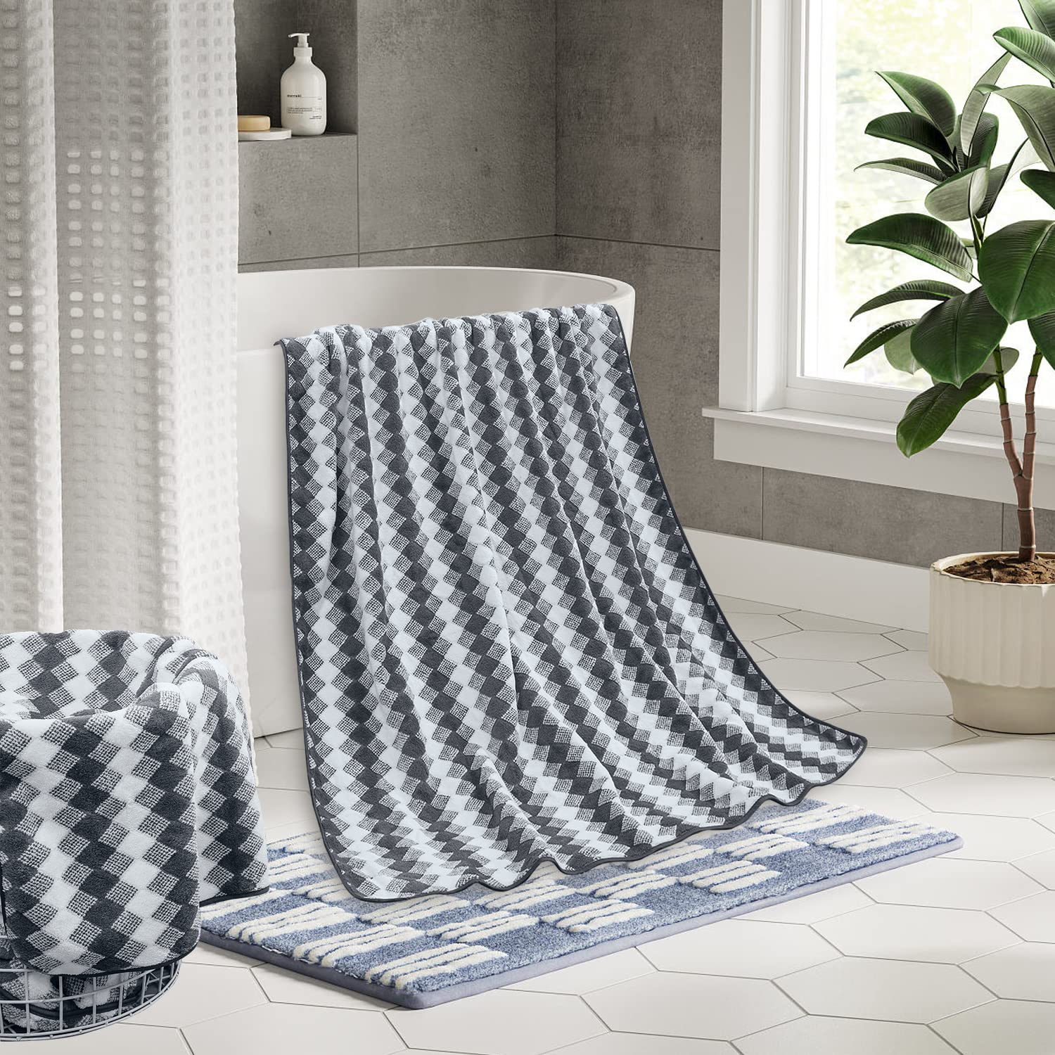 Juego de 4 toallas de baño grises de 35 x 70 pulgadas, 600 g/m², toalla de baño gruesa de microfibra con patrón de diamante, toallas de baño súper suaves y absorbentes, para adultos, baño, spa, hotel