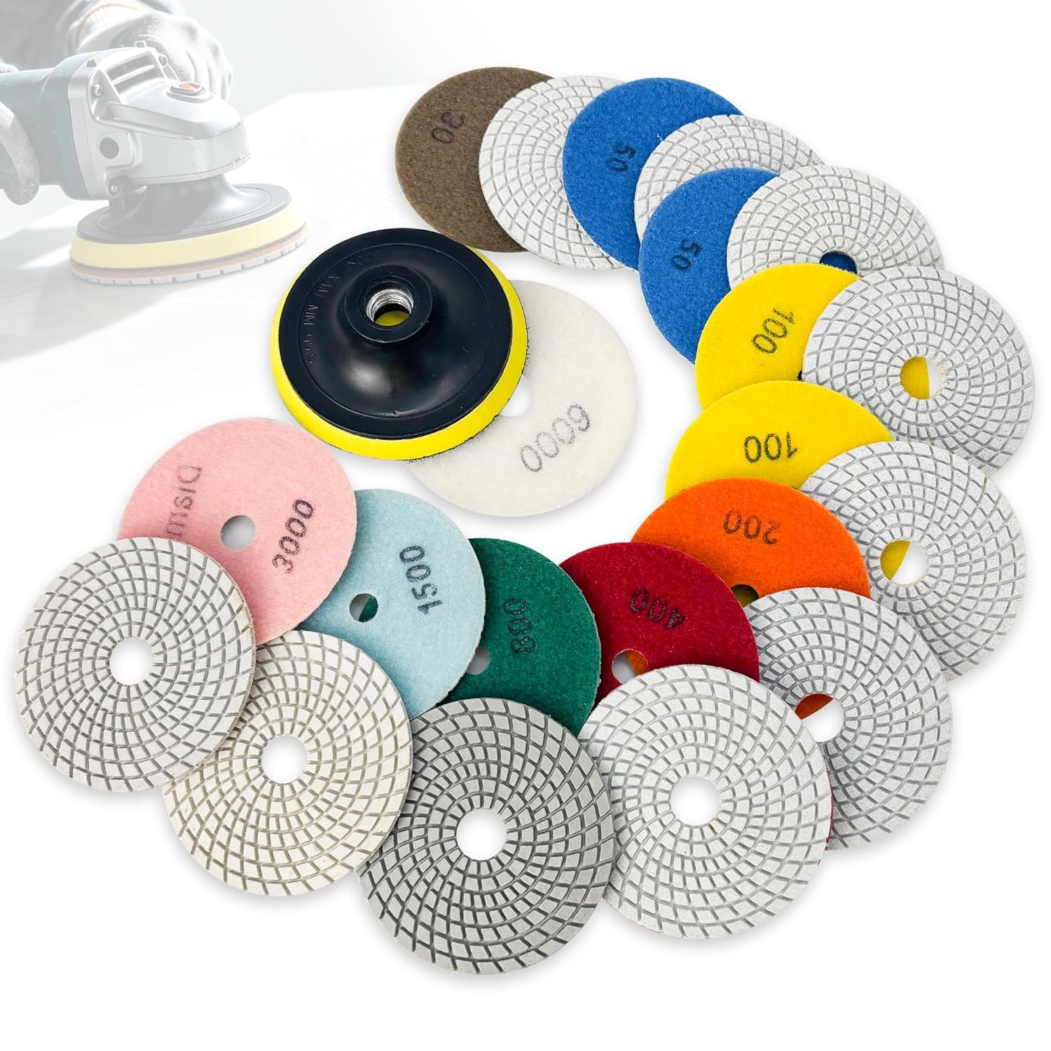 6 Inch Diamond Polishing Pads Tile Stone Diamond Sanding Pads Kit Including 5/8-11 Backer Pad for Wet Dry Drill Grinder Polisher,30-6000 Grit Granite Marble Concrete Rock Countertop Quartz 12 pcs