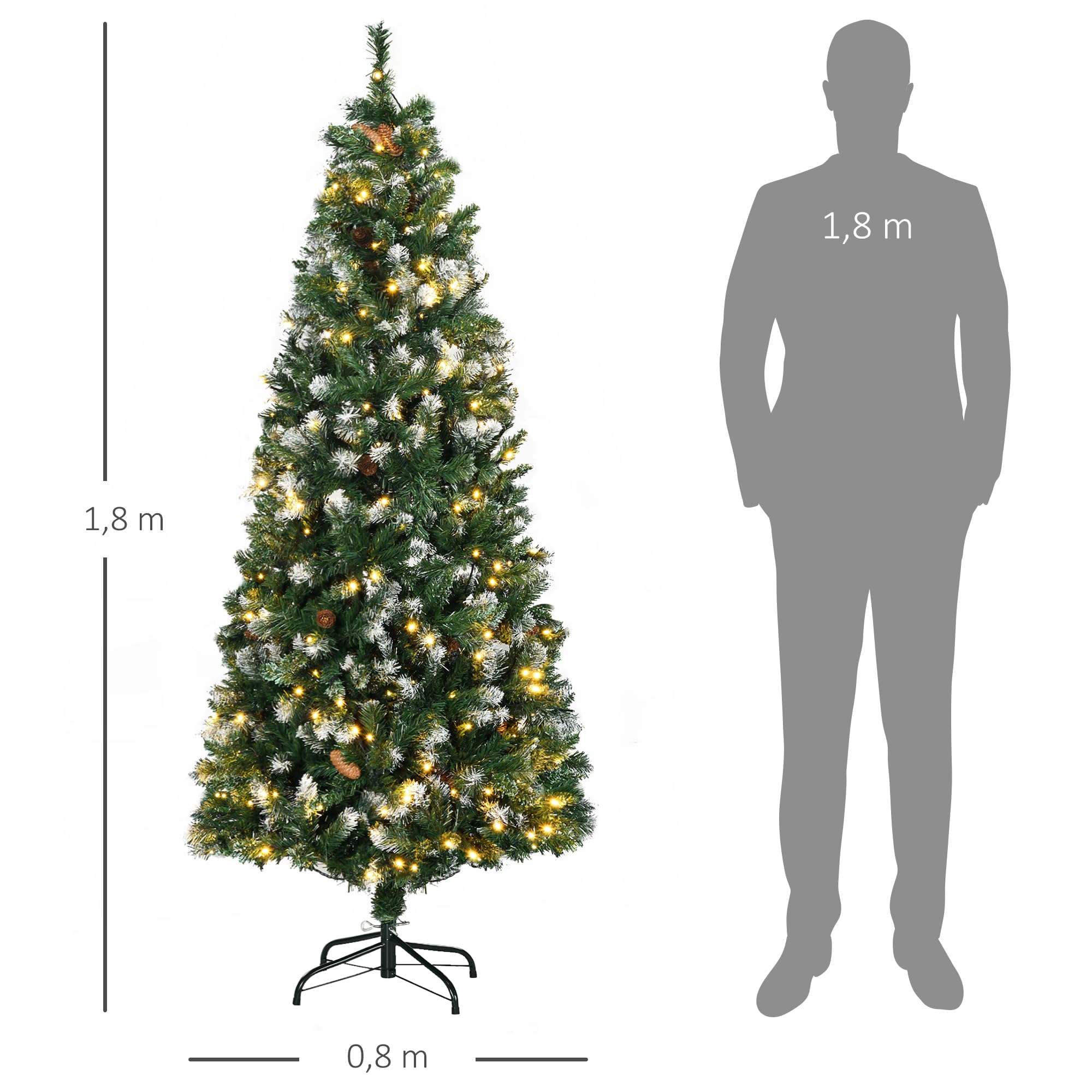 HOMCOM Sapin De Noël Artificiel Lumineux 180 cm 703 Branches 250 LED Vert | 30 Pommes De Pin, Support Pied Pliable, Ø 80