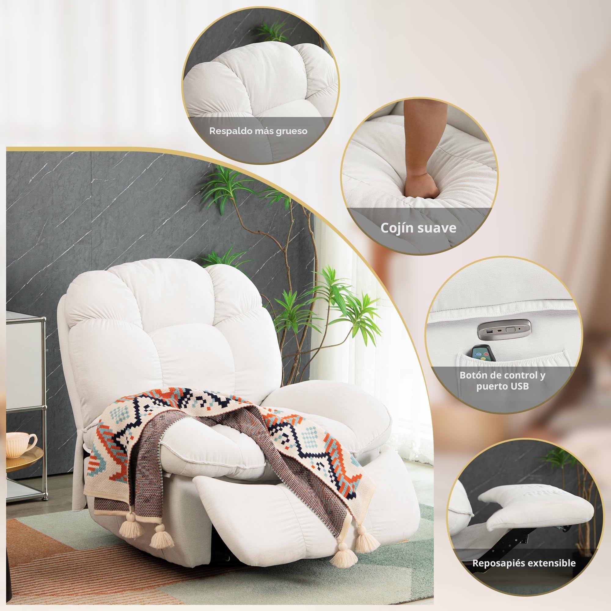 Sillón Relax Reclinable Eléctrico con Calefacción, Puertos de Carga USB-A y USB-C para Dormitorio, Salón, Estudio (Blanco)