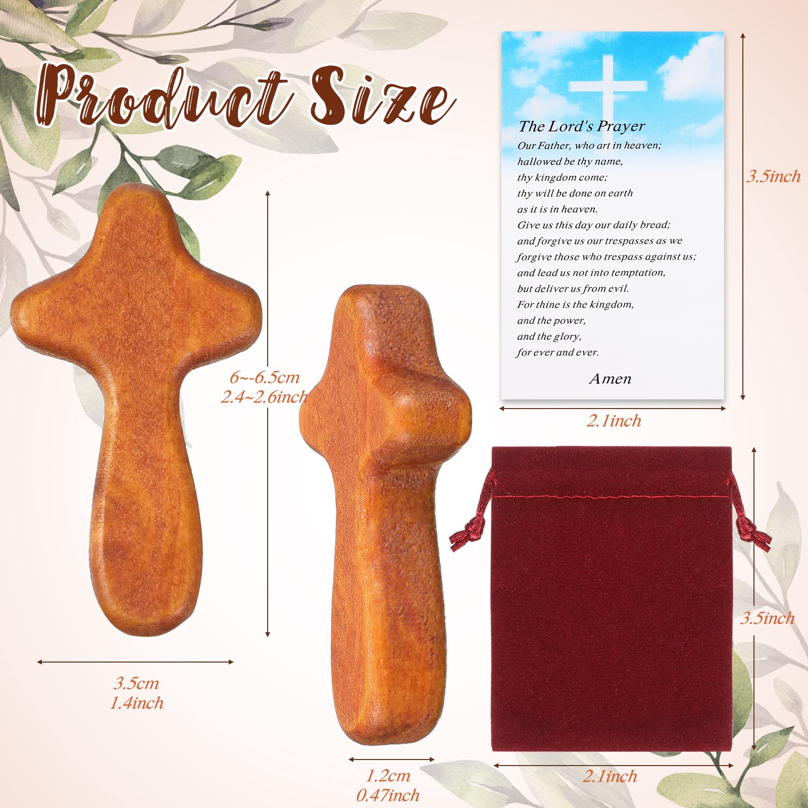 Queekay 50 Set Small Wooden Crosses in Bulk Hand Held Prayer Pocket Comfort Crosses with Velvet Pouch and Prayer Cards Christian Church Gifts 2.56'' Mini Holding Crucifix for Christmas