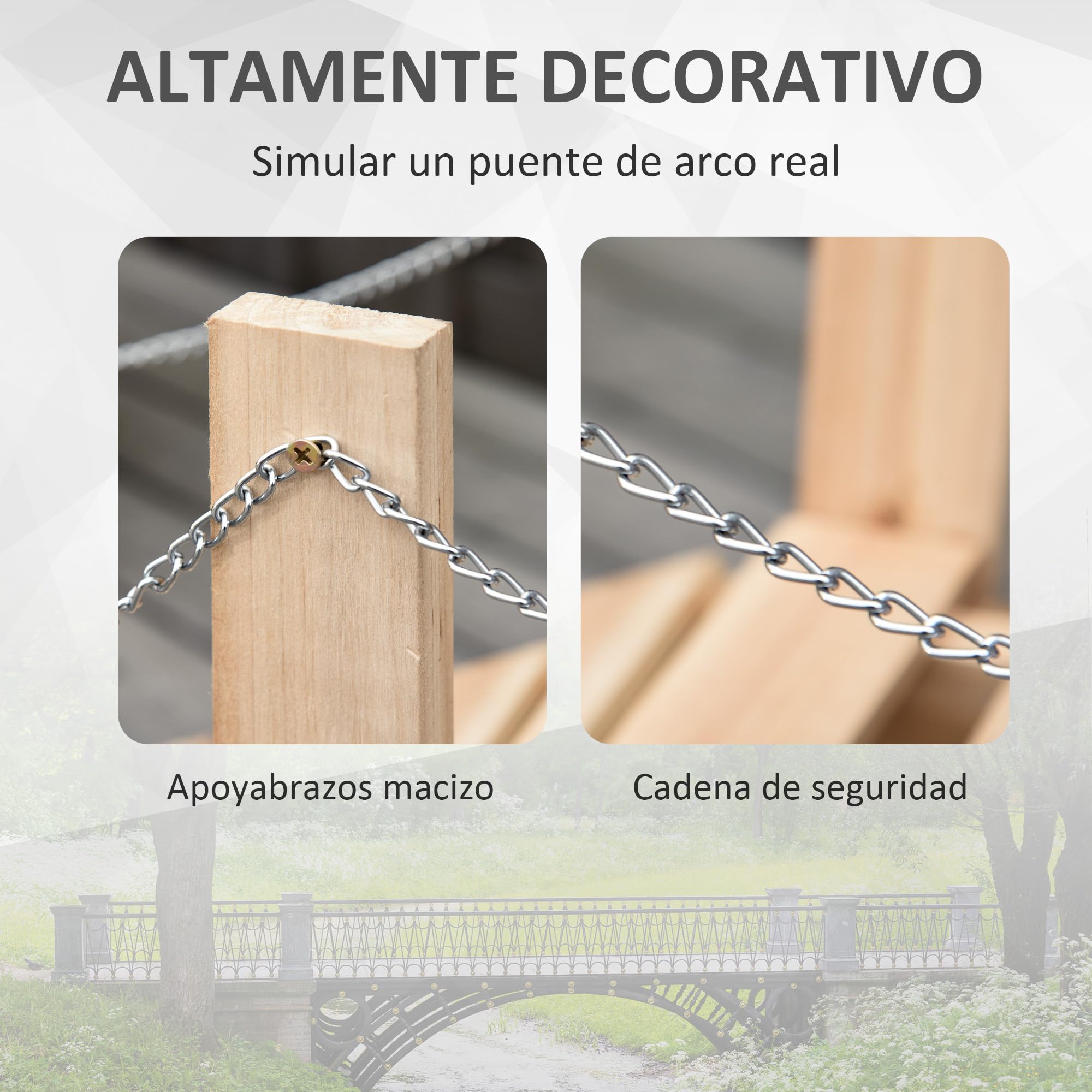 Outsunny Puente de Jardín de Madera con Pasamanos de Cadenas Metálicas Puente Decorativo para Estanque Carga 5 kg para Decoración Patio 100x32x48 cm Madera Natural