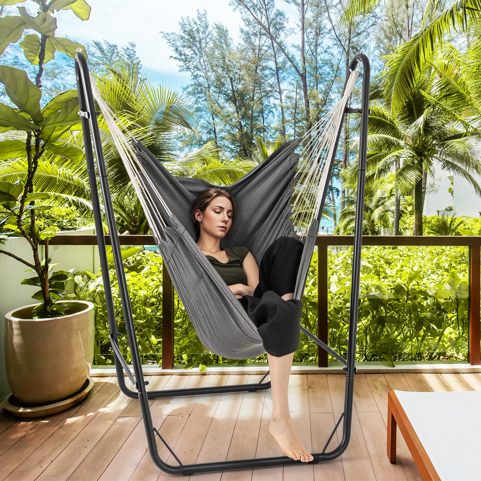COSTWAY Silla Hamaca con Soporte, Silla Colgante con Estructura Metálica y Bolsillo de Almacenamiento Lateral, Carga de 120 kg, Hamaca Columpio Interior Exterior para Salón Dormitorio Patio