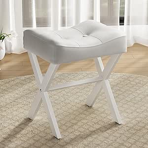 18-Inch Leather Vanity Stool With X-Leg - Thick Padded Saddle Seat, Adjustable Feet, White Ottoman Footstool
