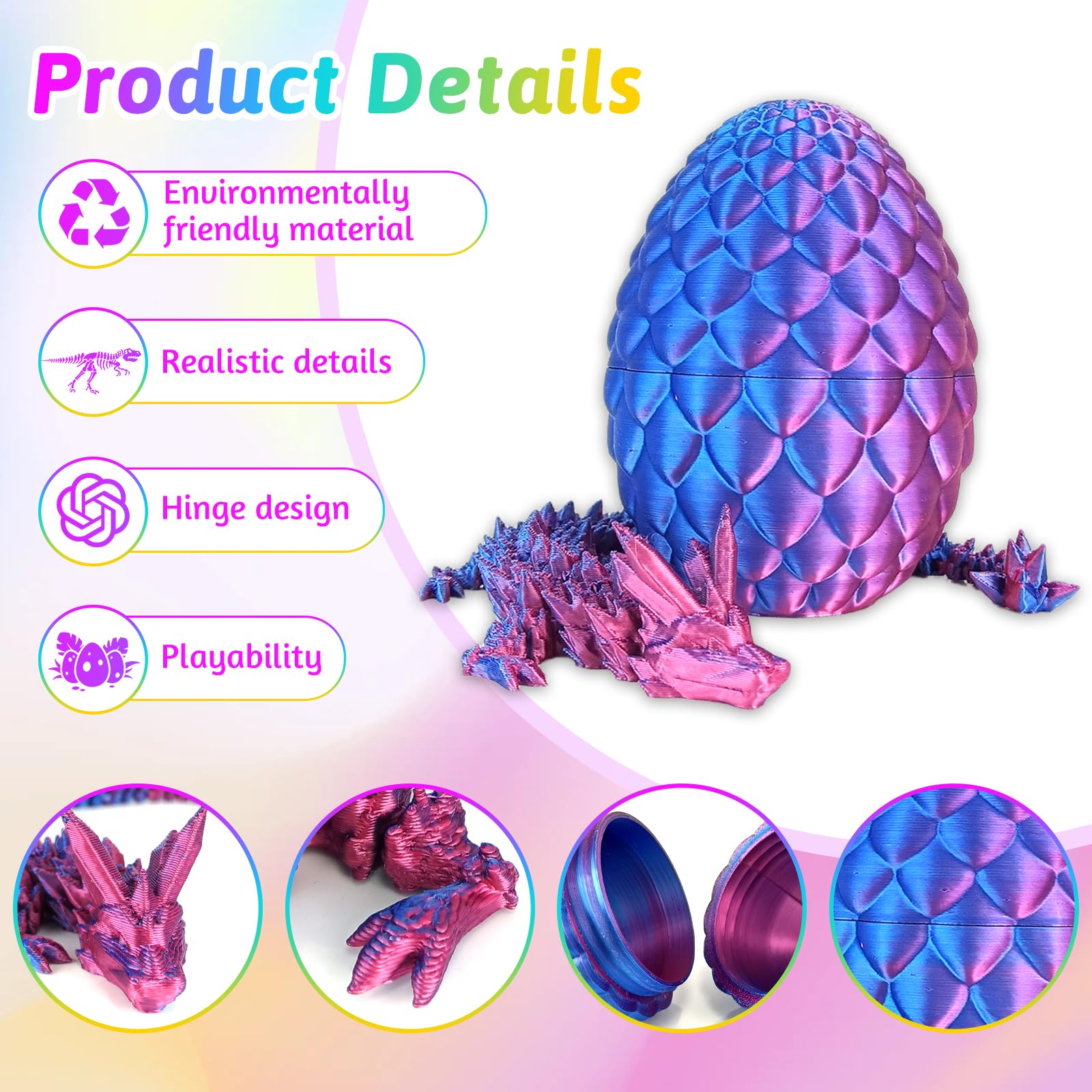4PCS Dragon Egg with Dragon Inside,3D Dragons Eggs,Articulated Dragons Crystal,3D Printed Fidget Toy,Home Desk Decor Desk Toys,Gifts for Kids,Adults - Image 3