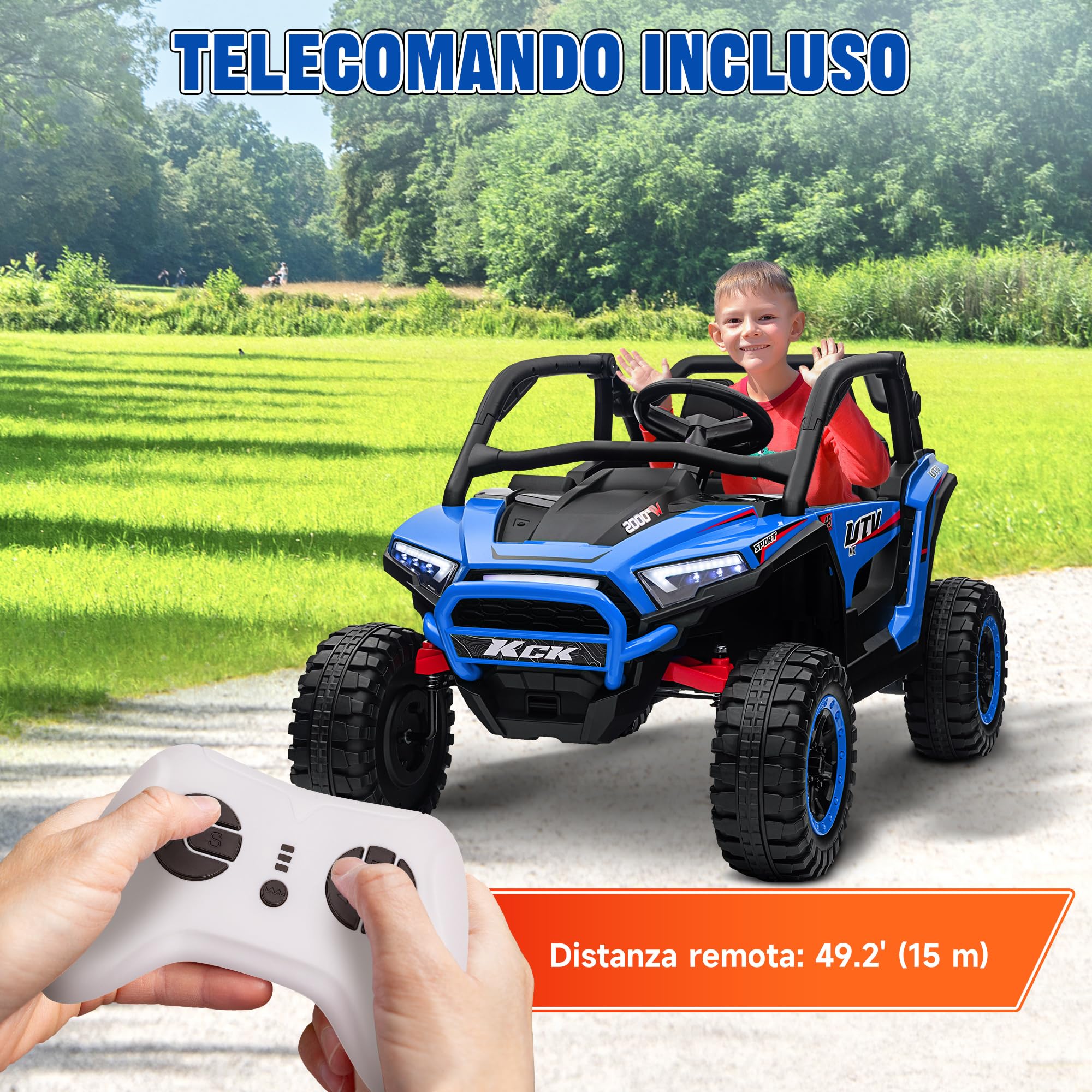 AIYAPLAY Macchina Elettrica per Bambini 2 Posti 24V 4 Motori, Auto Elettrica Bambini 3-8 Anni con 3 Velocità, Musica Integrata, Clacson, Luci, Sospensione a Molla e Telecomando, Velocità 5-7km/h, Blu