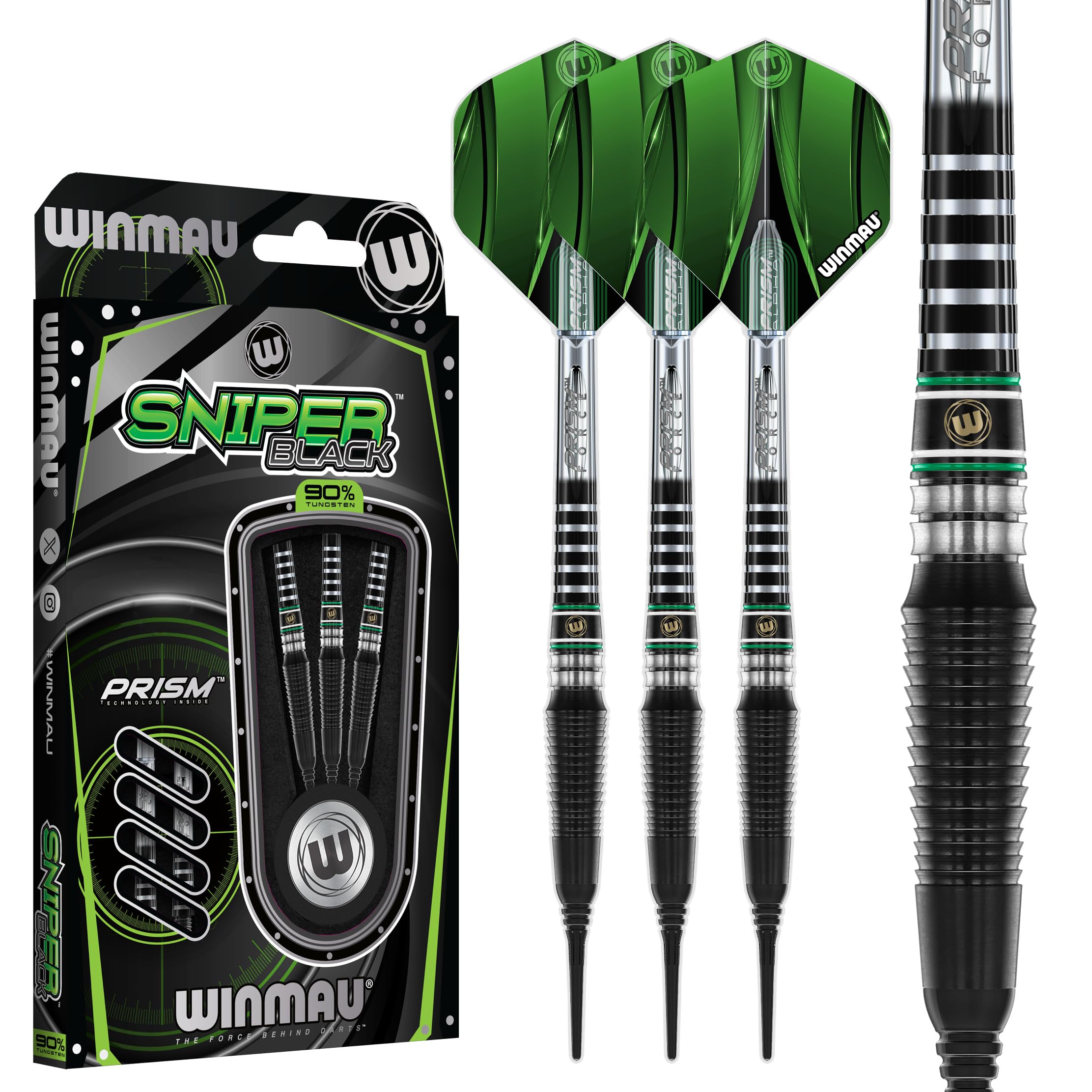 Winmau Darts - Sniper Black Professional 90% Tungsten Darts Set with Dart Flights and Dart Stems (Shafts) - Available in Soft Tip 18g and Steel Tip