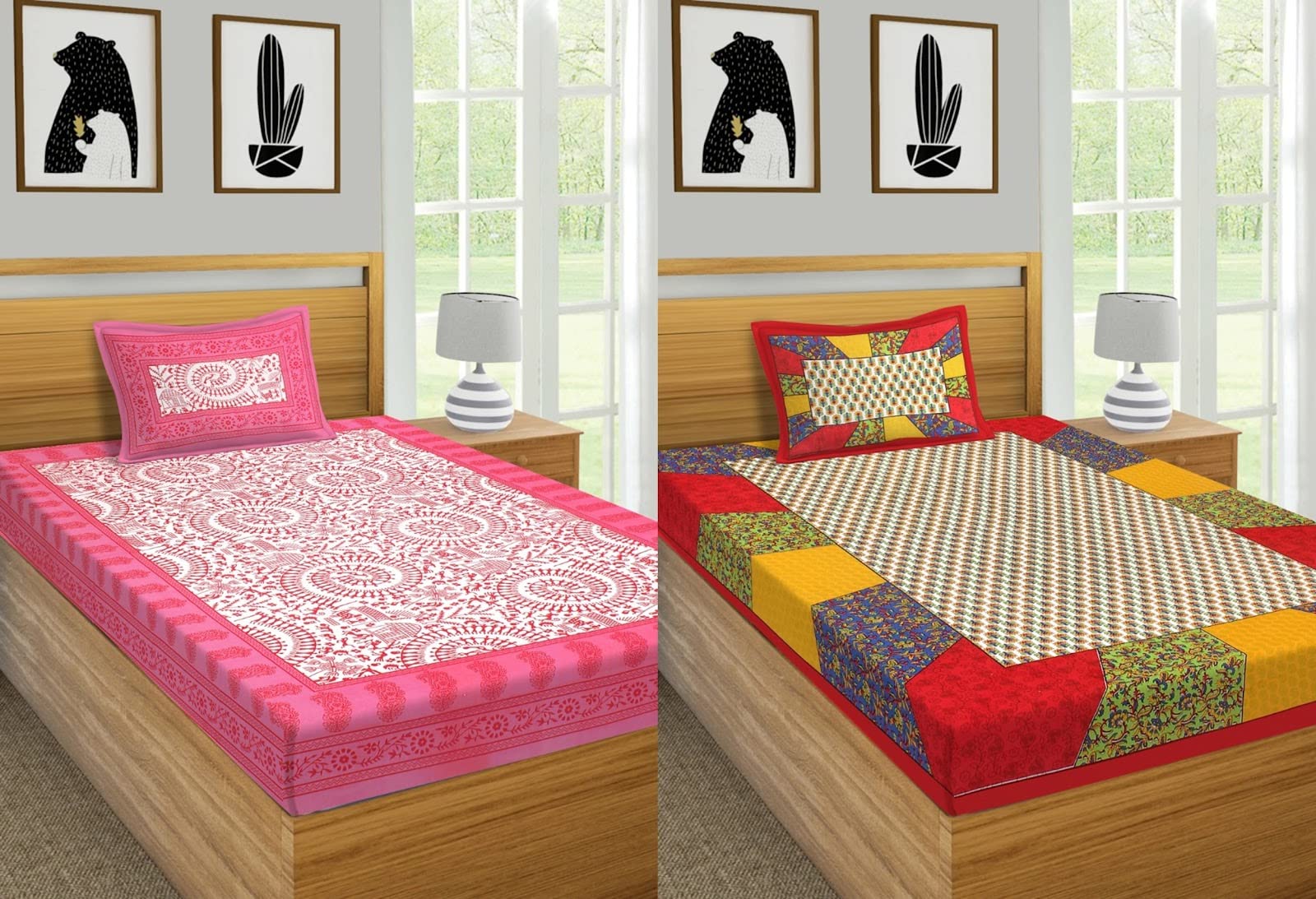 VNV Creation® Single Bed Cotton Fabric Rajasthani Jaipuri Printed Bedsheet Combo Pack 2 Bedsheet with 2 Pillow Cover-(Aadimanav-Pink+Carrom-Red) (B0BQWGC38P) Amazon Price History, Amazon Price Tracker