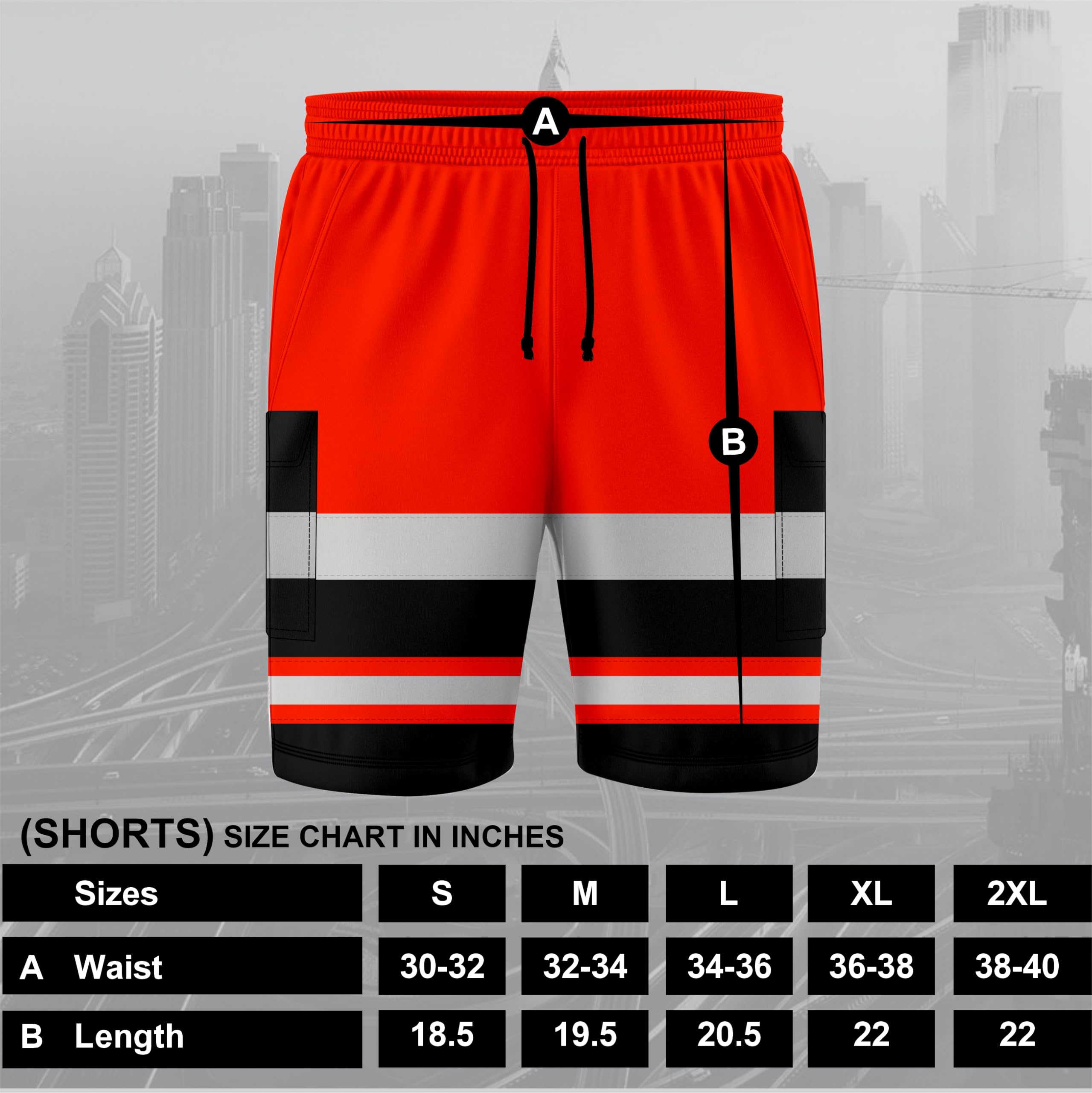 mymixtrendz Short cargo réfléchissant haute visibilité pour homme - Plusieurs poches - Taille élastique réglable - Taille S/2XL - Noir et orange