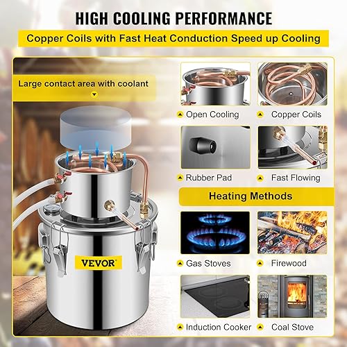 Miniatura 4 de VEVOR Alcohol Still - Destilador de agua de acero inoxidable de 3 galones de 12 litros tubo de cobre kit de elaboración casera termómetro integrado