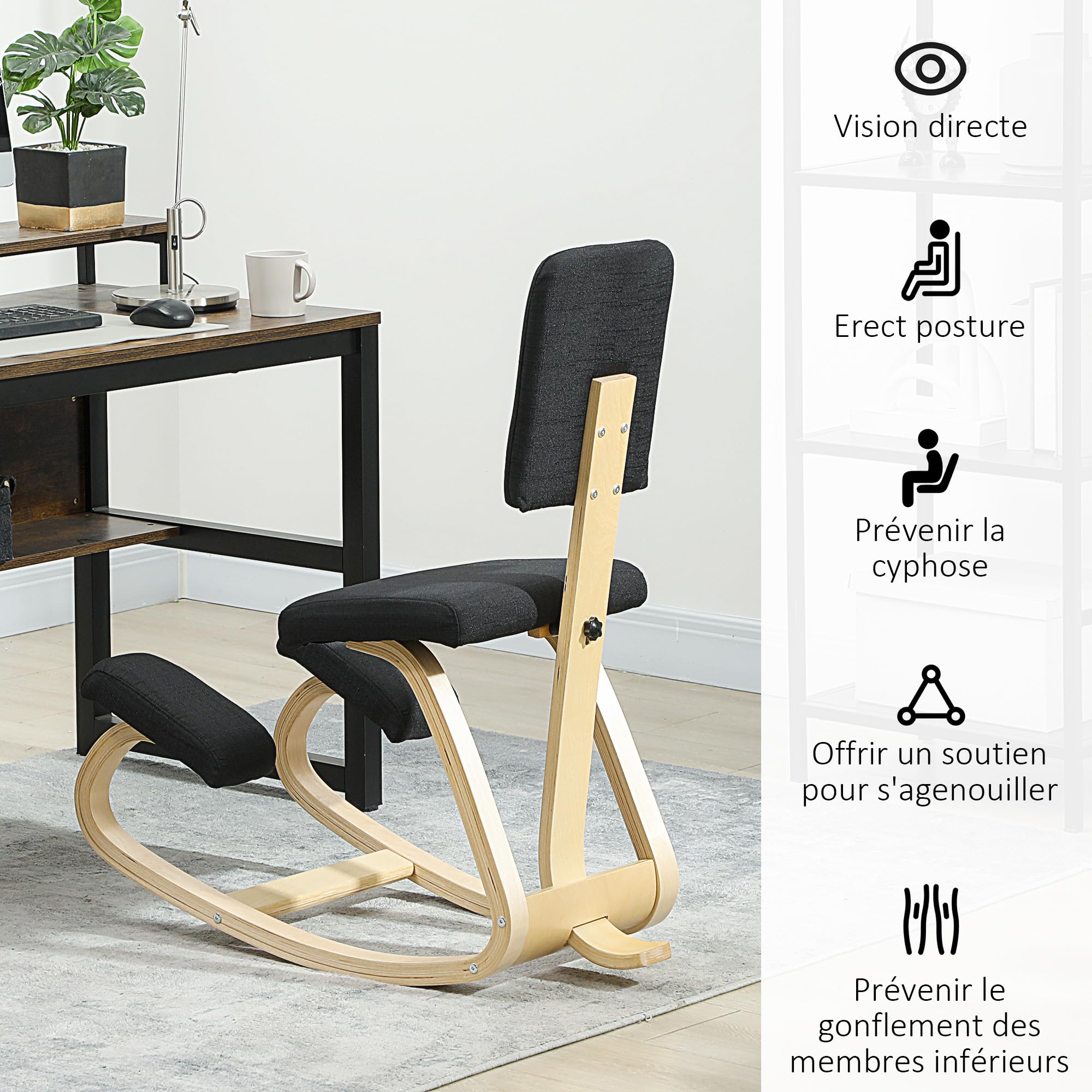 HOMCOM Chaise à Genoux Ergonomique avec Dossier, siège Assis Genoux à Bascule, Tabouret Ergonomique, Tabouret Bureau orthopédique, correcteur de Posture, soulager Les douleurs au Dos, Noir
