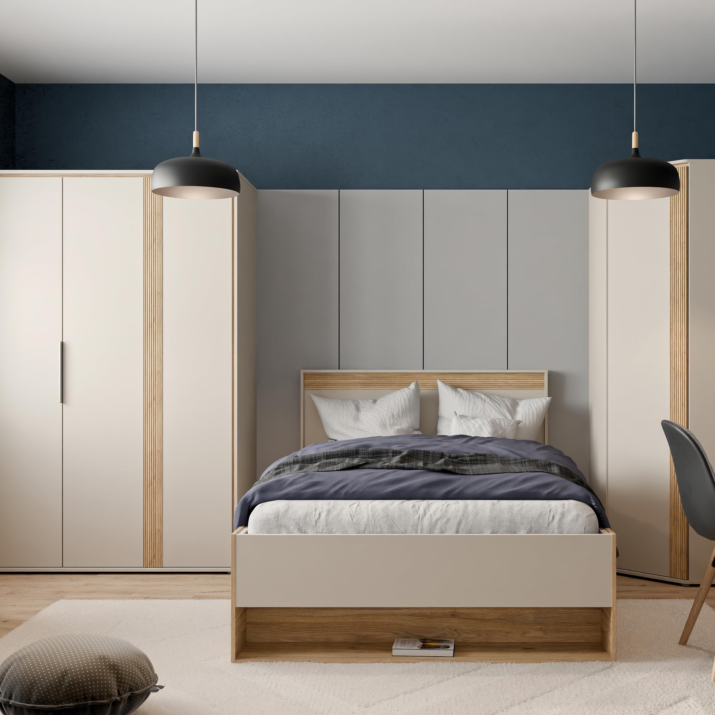 Forte WEXLIN Bettgestell, Liegefläche 120 x 200 cm, modernes Bett mit Schublade und Regal, Kinder- und Jugendzimmer,Kaschmir|Beige|Mauvella Eiche Holzdekor, 130 cm breit x 96,3 cm hoch x 210,8 cm tief