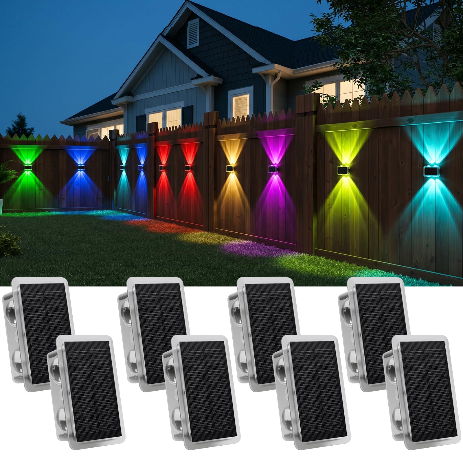 AUDLES Solar Fence Lights Outdoor, New Up Down Lighting Fence Lights Solar Powered with 8 Modes Warm White/RGB, IP65 Waterproof Solar Wall Light for Backyard Wall Pathway Deck Patio Decor - 8 Pack