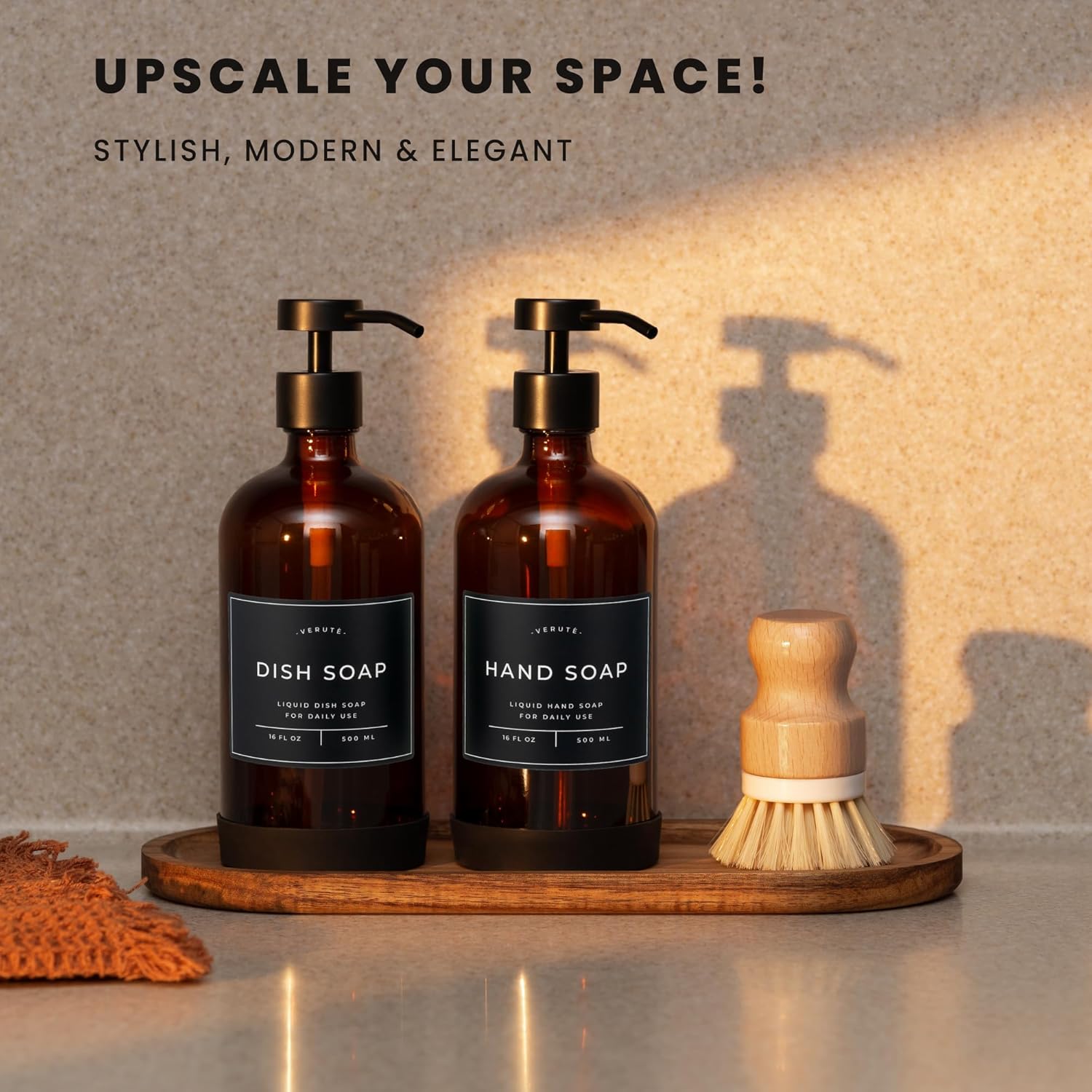 Hand and Dish Soap Dispenser for Kitchen and Bathroom, Set of 2 16 Oz Glass Bottles, Stainless Steel Pumps, Non-Slip Silicone Base, 27 Waterproof Labels (Amber Bottle/Black Pump) - Image 3