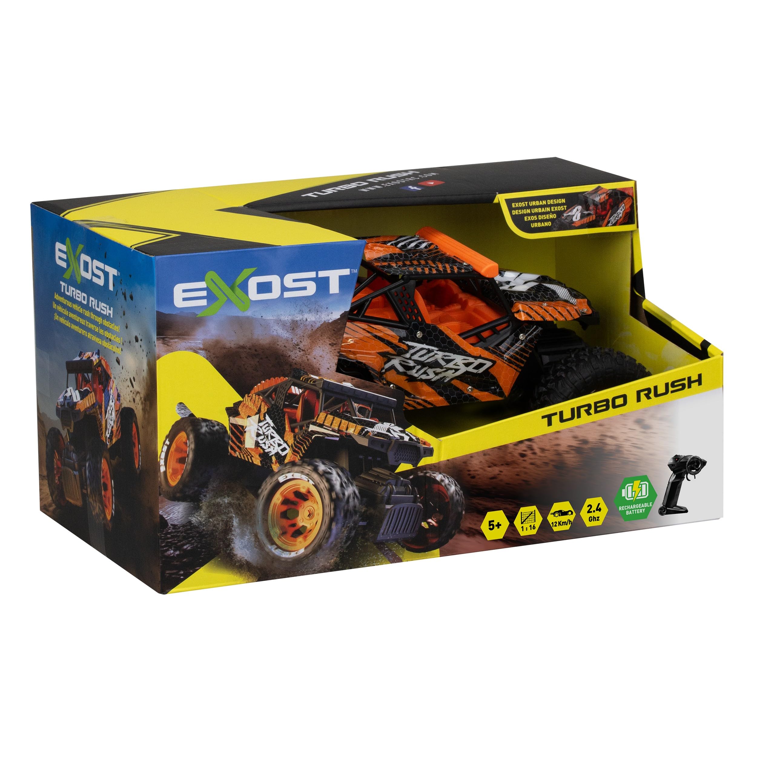 Exost Turbo Rush - Coche de control remoto de 2,4 GHz, función completa, carreras todoterreno, neumáticos duraderos, batería recargable, juguete para niños a partir de 5 años